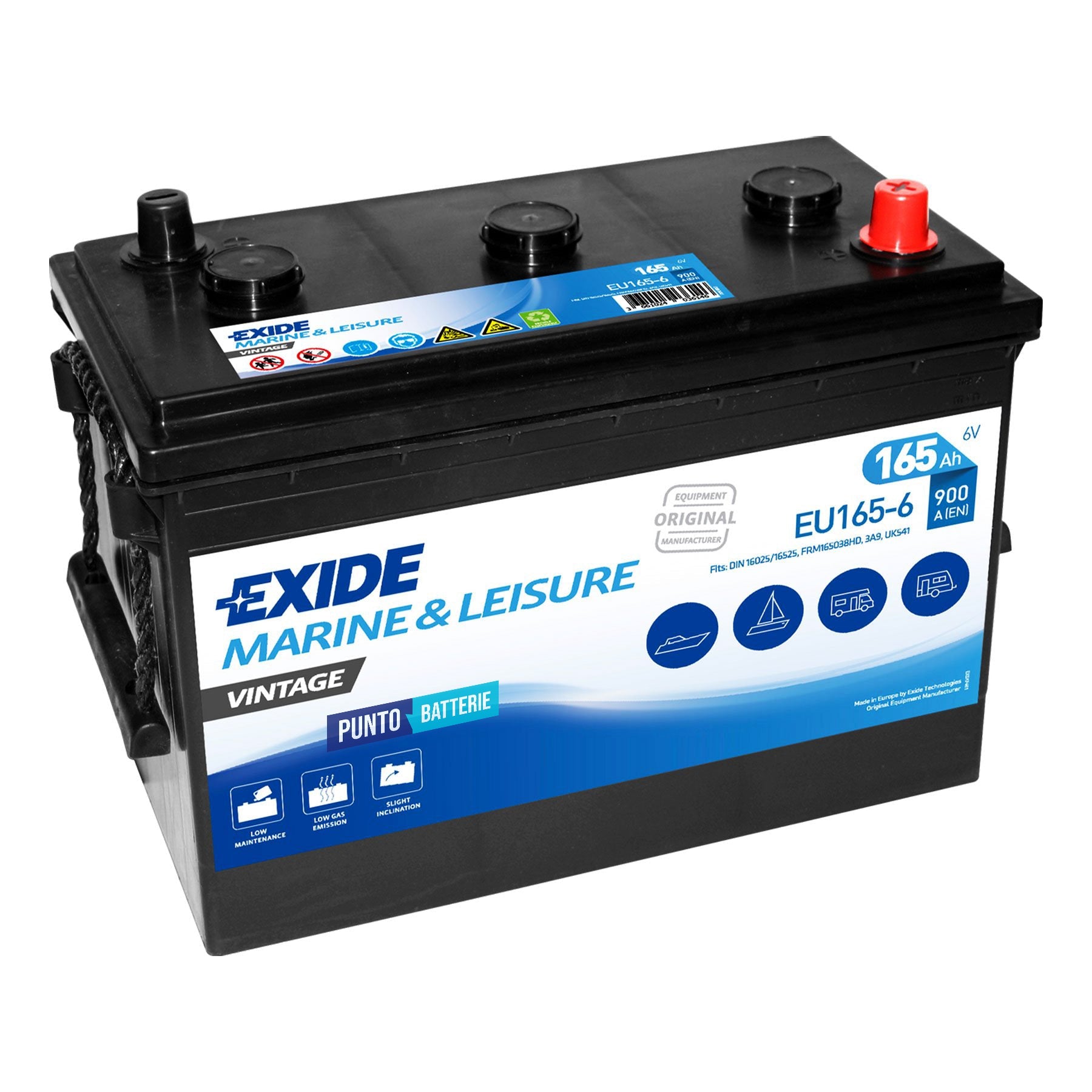 Batteria originale Exide Vintage EU165-6, dimensioni 330 x 174 x 234, 6 volt, 165 amperora, SLI. Batteria per veicoli d'epoca.