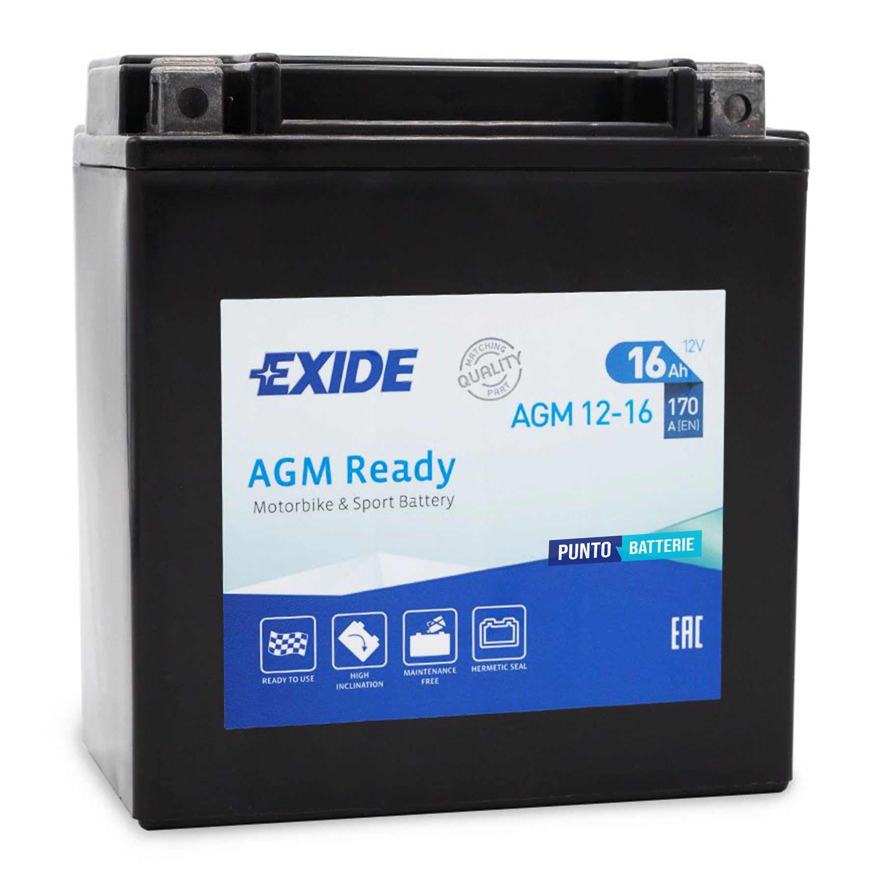 Batteria originale Exide AGM Ready AGM12-16, dimensioni 150 x 90 x 160, polo positivo a sinistra, 12 volt, 16 amperora, 170 ampere. Batteria per moto, scooter e powersport.