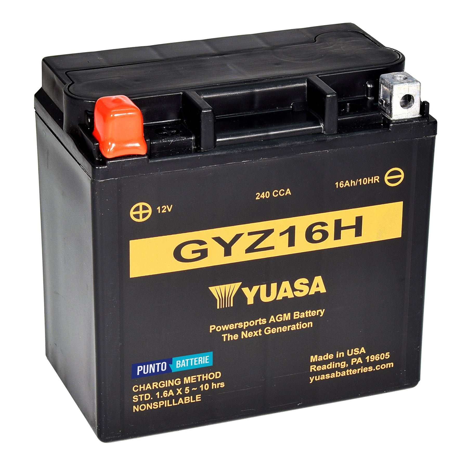 Batteria originale Yuasa GYZ GYZ16H, dimensioni 150 x 87 x 145, polo positivo a sinistra, 12 volt, 16 amperora, 240 ampere. Batteria per moto, scooter e powersport.