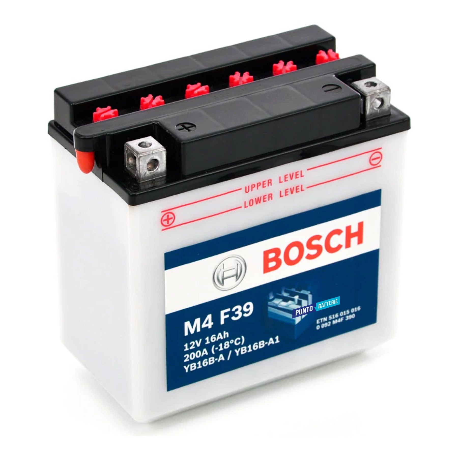Batteria originale Bosch M4 M4F39, dimensioni 160 x 90 x 161, polo positivo a sinistra, 12 volt, 16 amperora, 200 ampere. Batteria per moto, scooter e powersport.
