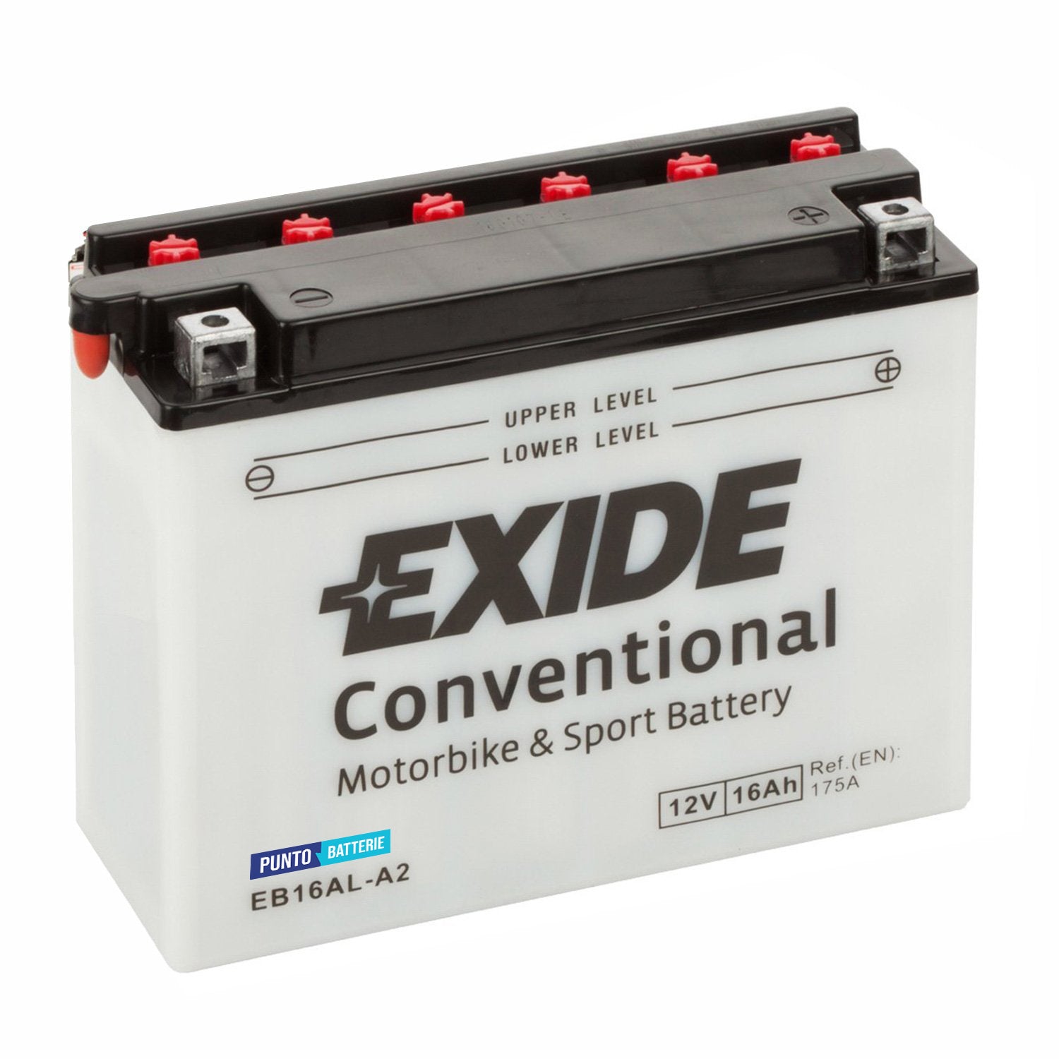 Batteria originale Exide Conventional EB16AL-A2, dimensioni 205 x 70 x 165, polo positivo a destra, 12 volt, 16 amperora, 175 ampere. Batteria per moto, scooter e powersport.