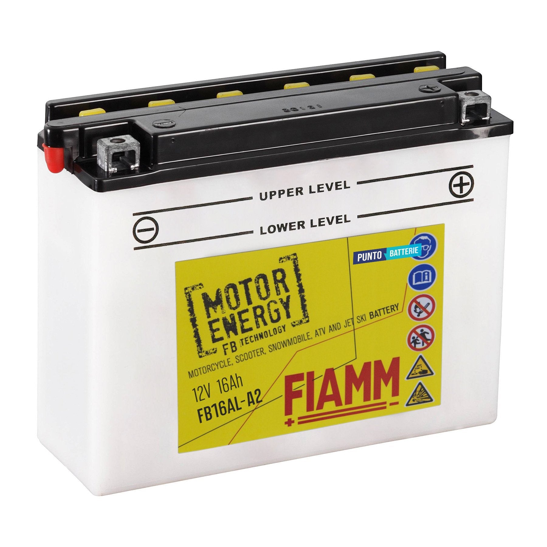 Batteria originale Fiamm Motor Energy FB FB16AL-A2, dimensioni 205 x 70 x 162, polo positivo a destra, 12 volt, 16 amperora, 200 ampere. Batteria per moto, scooter e powersport.