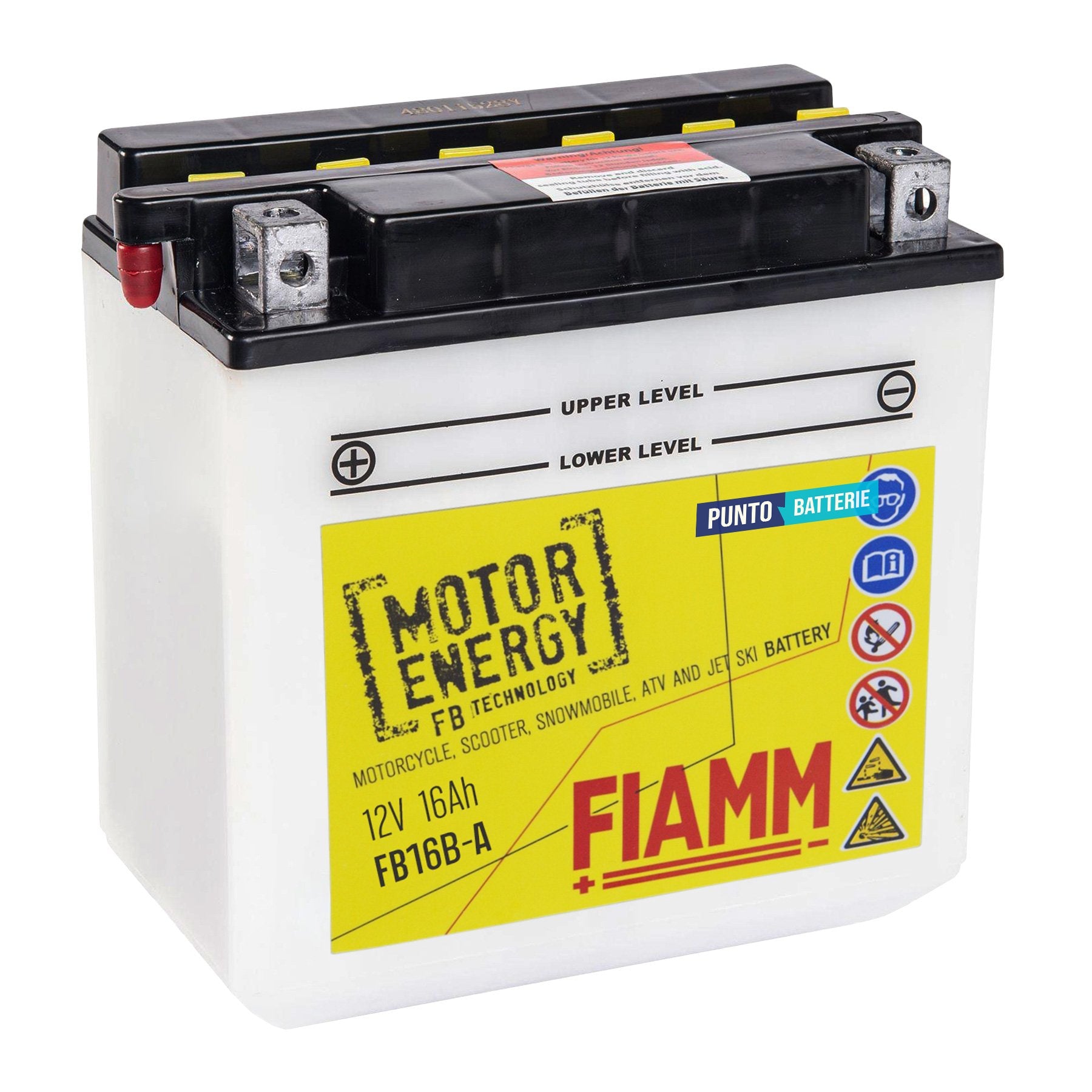 Batteria originale Fiamm Motor Energy FB FB16B-A, dimensioni 160 x 90 x 161, polo positivo a sinistra, 12 volt, 16 amperora, 200 ampere. Batteria per moto, scooter e powersport.