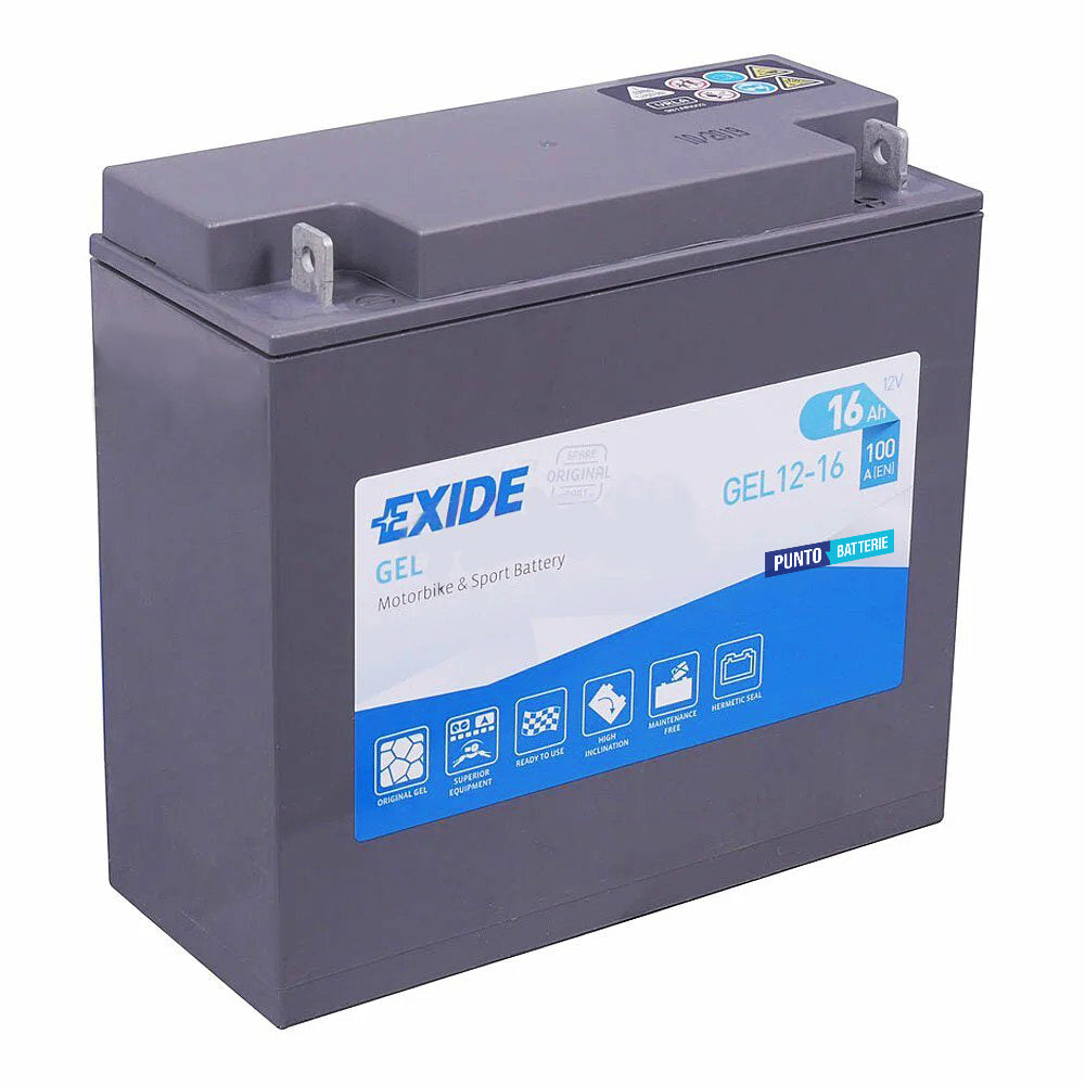 Batteria originale Exide GEL GEL12-16, dimensioni 180 x 75 x 165, polo positivo a destra, 12 volt, 16 amperora, 100 ampere. Batteria per moto, scooter e powersport.
