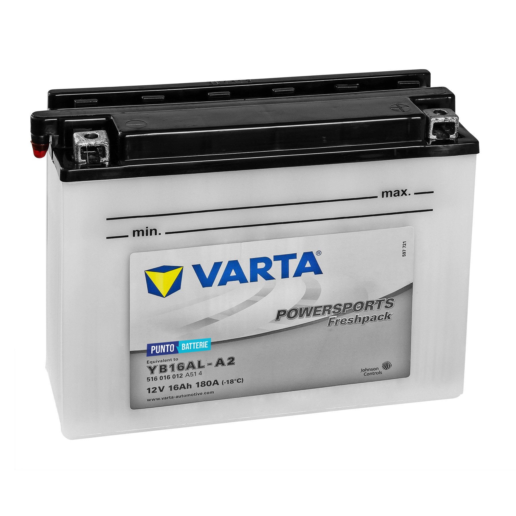 Batteria originale Varta Powersport Freshpack YB16AL-A2, dimensioni 205 x 72 x 164, polo positivo a destra, 12 volt, 16 amperora, 180 ampere. Batteria per moto, scooter e powersport.