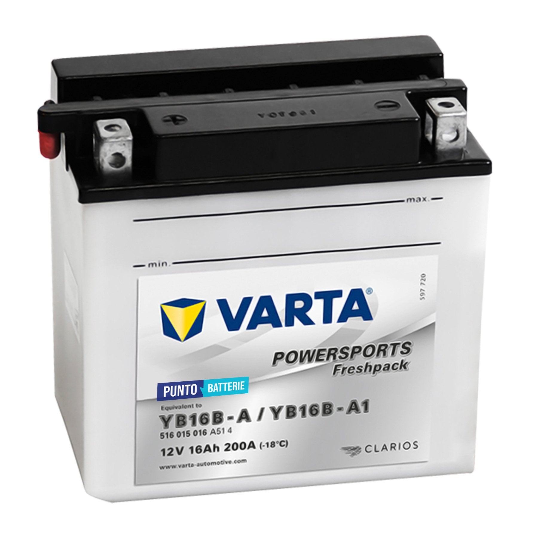 Batteria originale Varta Powersport Freshpack YB16B-A, dimensioni 160 x 90 x 161, polo positivo a sinistra, 12 volt, 16 amperora, 200 ampere. Batteria per moto, scooter e powersport.