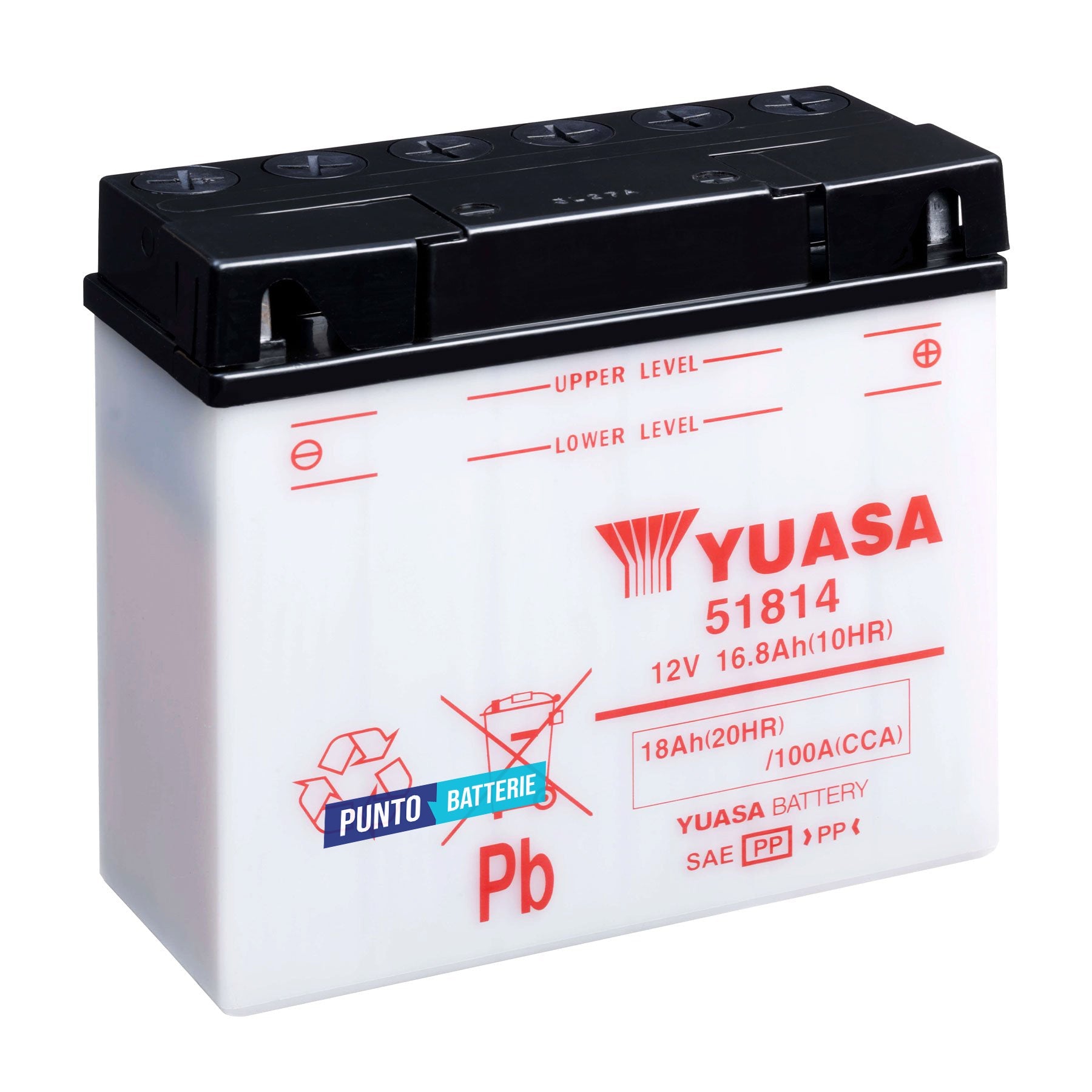 Batteria originale Yuasa YuMicron 51814, dimensioni 186 x 82 x 171, polo positivo a destra, 12 volt, 16 amperora, 100 ampere. Batteria per moto, scooter e powersport.