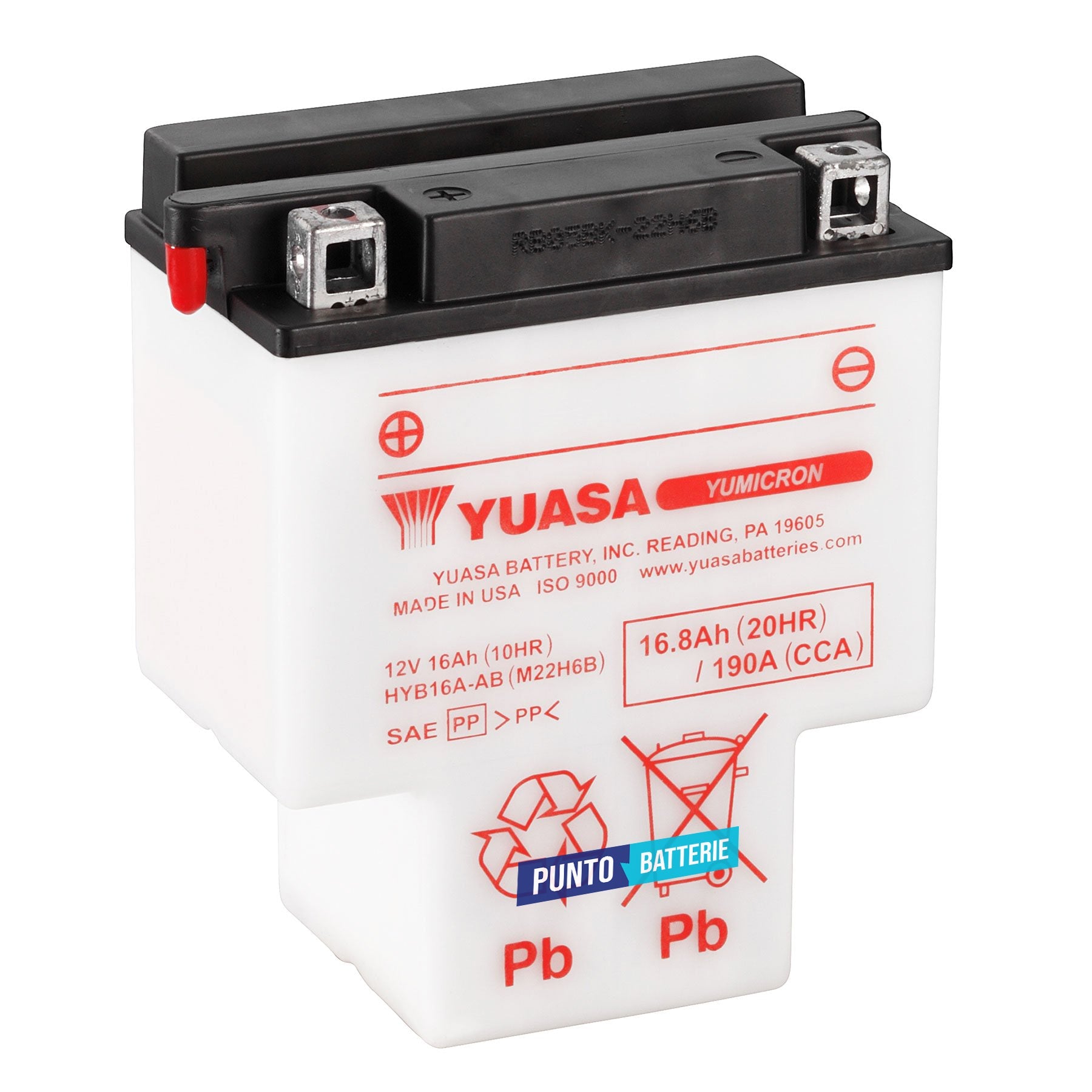 Batteria originale Yuasa YuMicron HYB16A-AB, dimensioni 151 x 91 x 180, polo positivo a sinistra, 12 volt, 16 amperora, 190 ampere. Batteria per moto, scooter e powersport.