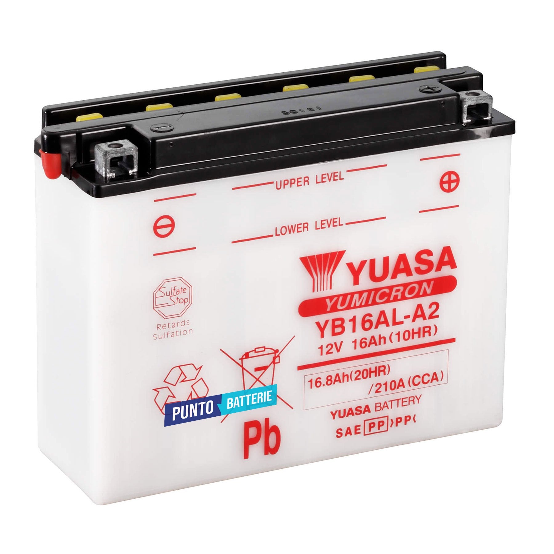 Batteria originale Yuasa YuMicron YB16AL-A2, dimensioni 207 x 71.5 x 164, polo positivo a destra, 12 volt, 16 amperora, 210 ampere. Batteria per moto, scooter e powersport.