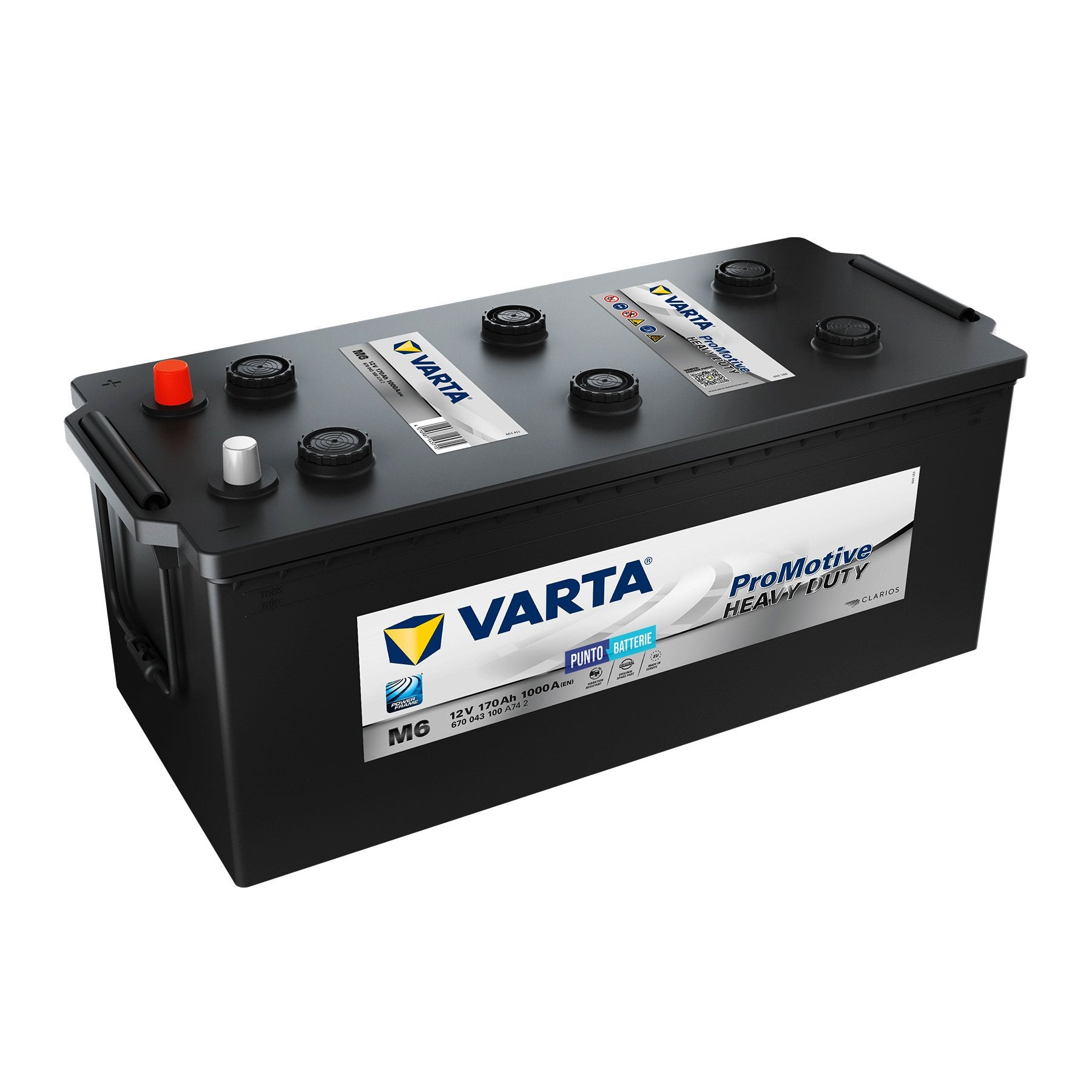 Batteria originale Varta Promotive Heavy Duty M6, dimensioni 513 x 223 x 223, polo positivo a sinistra, 12 volt, 170 amperora, 1000 ampere. Batteria per camion e veicoli pesanti.