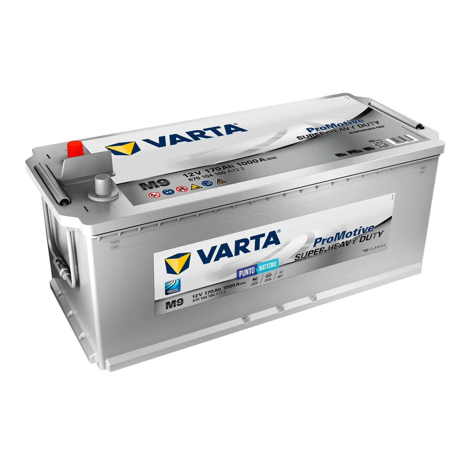 Batteria originale Varta Promotive Super Heavy Duty M9, dimensioni 513 x 223 x 223, polo positivo a sinistra, 12 volt, 170 amperora, 1000 ampere. Batteria per camion e veicoli pesanti.