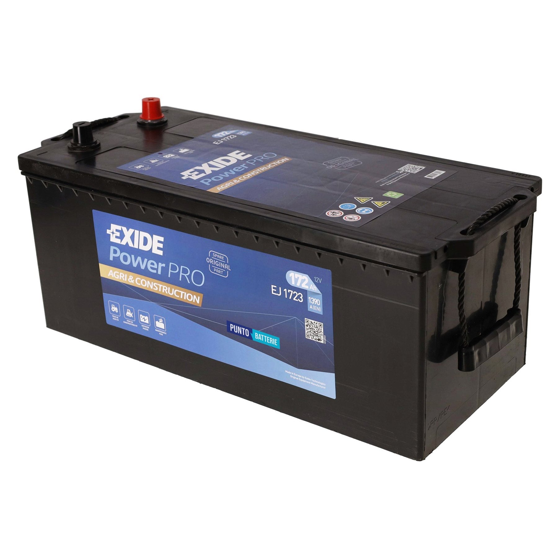 Batteria originale Exide Power PRO Agri & Construction EJ1723, dimensioni 513 x 223 x 223, polo positivo a sinistra, 12 volt, 172 amperora, 1390 ampere. Batteria per camion e veicoli pesanti.