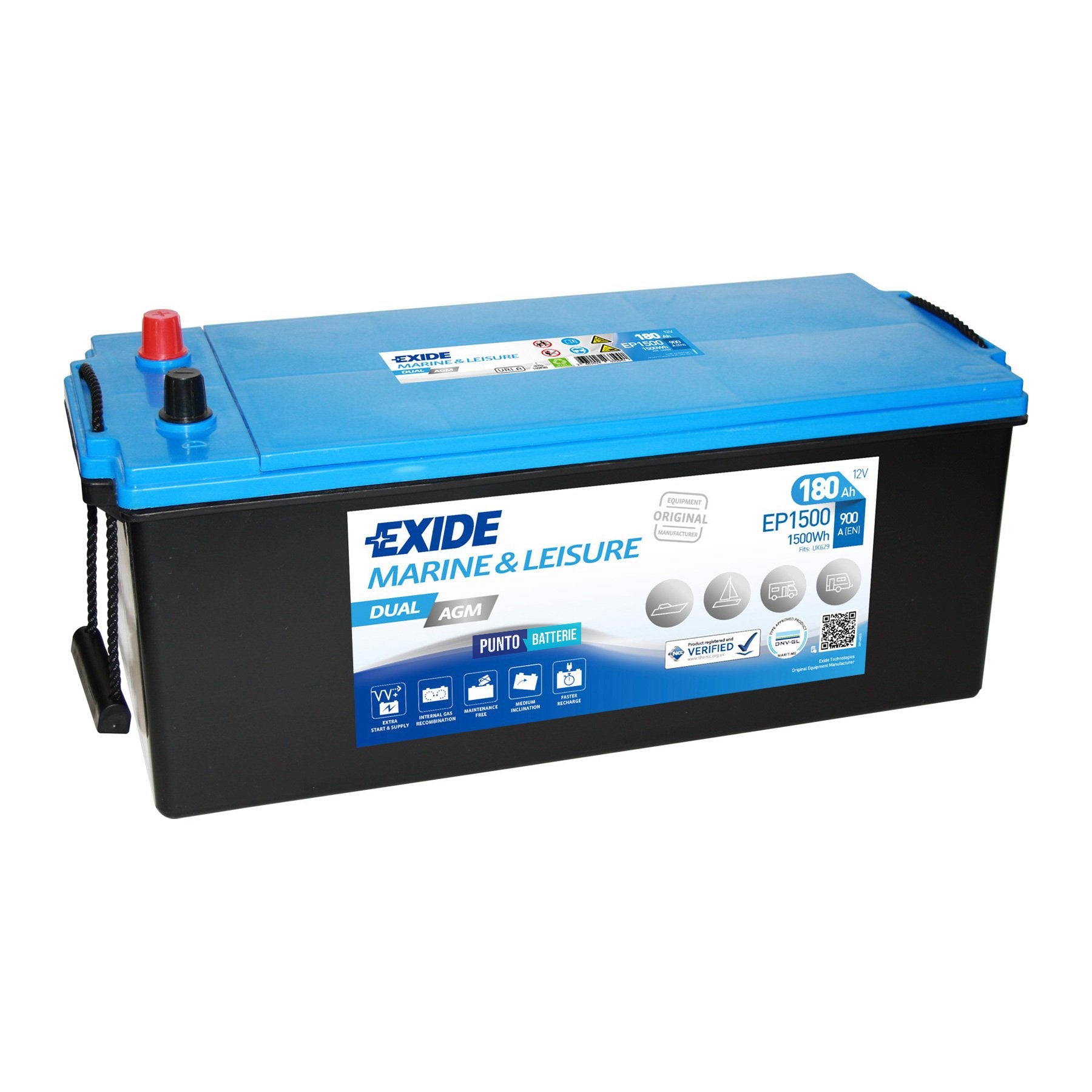 Batteria originale Exide Dual AGM EP1500, dimensioni 513 x 223 x 223, 12 volt, 180 amperora, AGM. Batteria per servizi di camper, barca e applicazioni a scarica lenta.