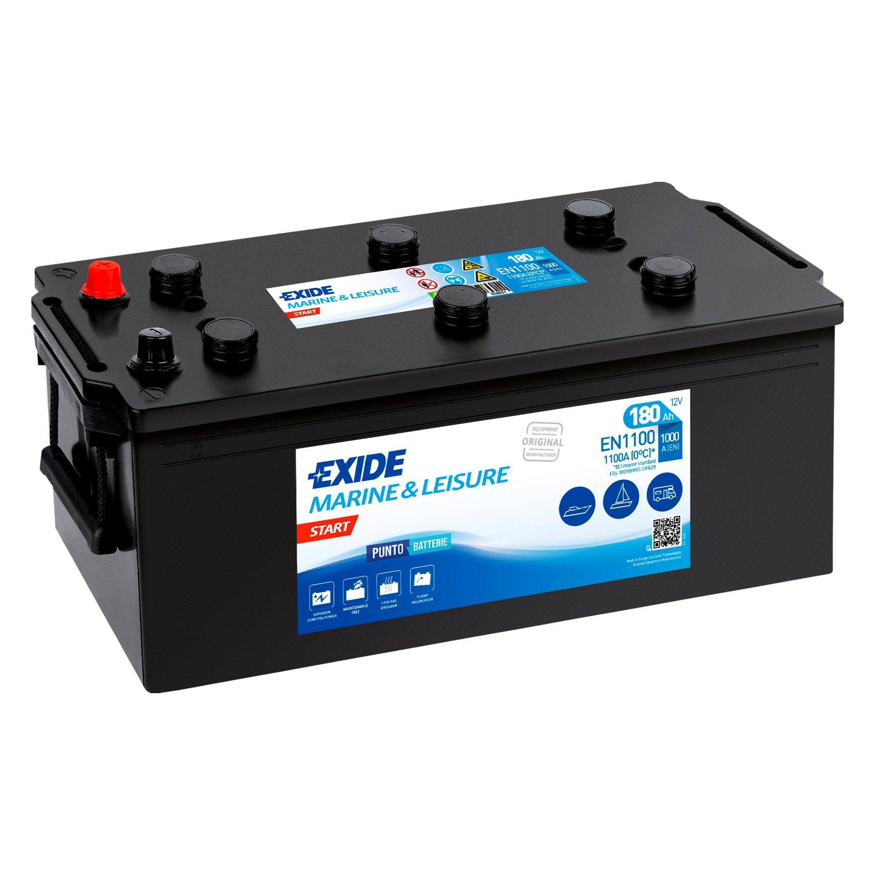 Batteria originale Exide Start EN1100, dimensioni 513 x 223 x 223, 12 volt, 180 amperora. Batteria per nautica e campeggio.