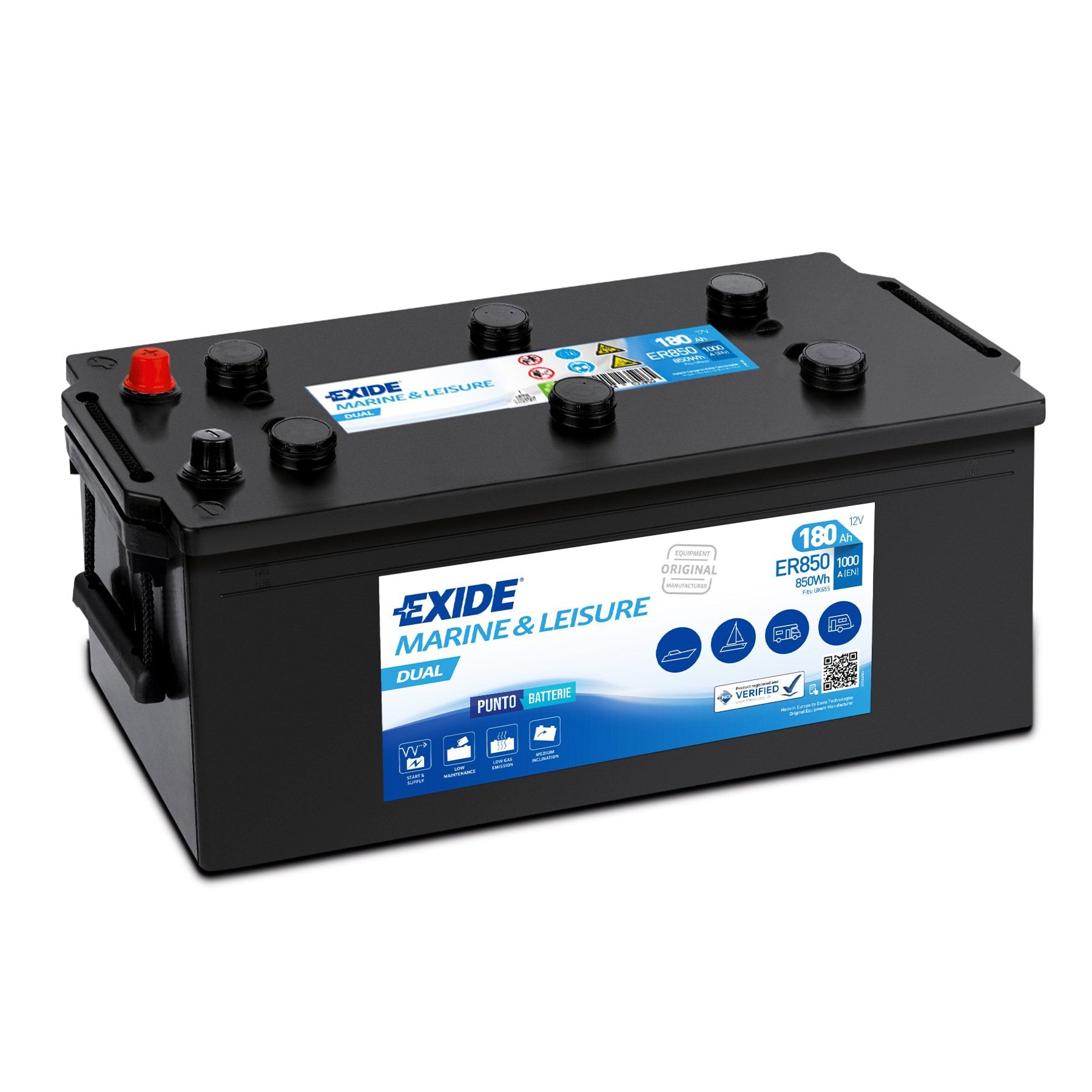 Batteria originale Exide Dual ER850, dimensioni 513 x 223 x 223, 12 volt, 180 amperora. Batteria per servizi di camper, barca e applicazioni a scarica lenta.