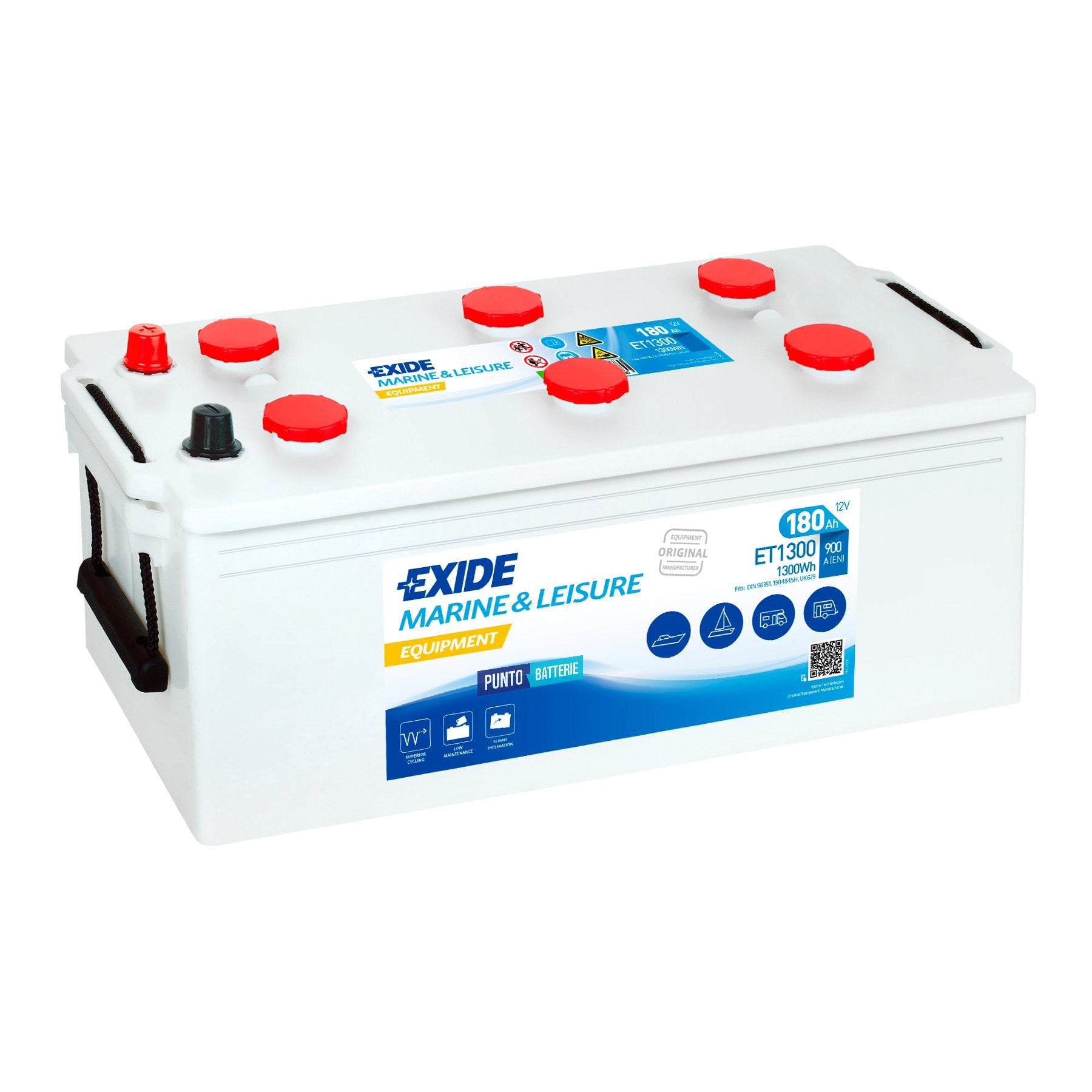 Batteria originale Exide Equipment ET1300, dimensioni 513 x 223 x 223, 12 volt, 180 amperora. Batteria per servizi di camper, barca e applicazioni a scarica lenta.