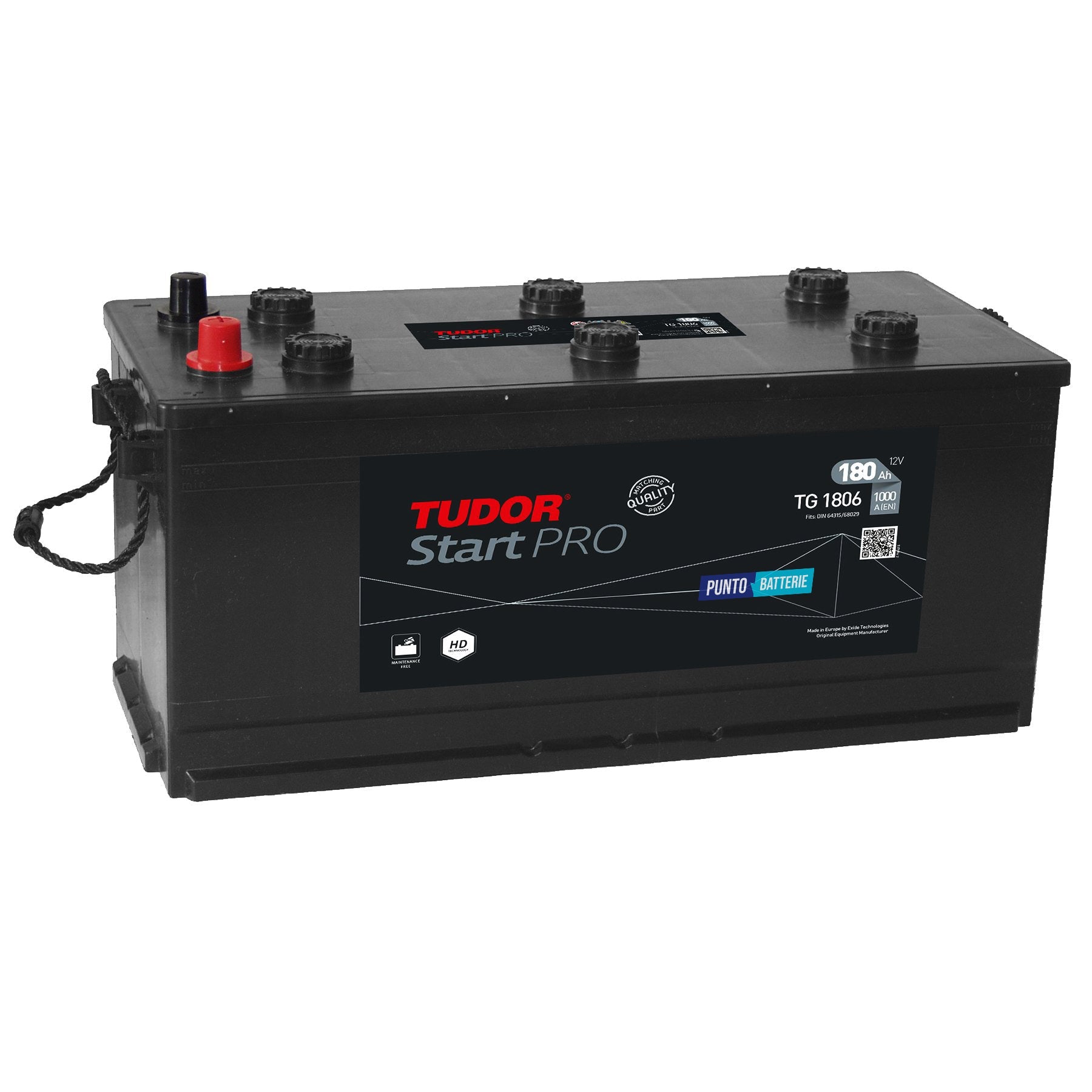 Batteria originale Tudor Start PRO TG1806, dimensioni 510 x 218 x 225, polo positivo a destra, 12 volt, 180 amperora, 1000 ampere. Batteria per camion e veicoli pesanti.