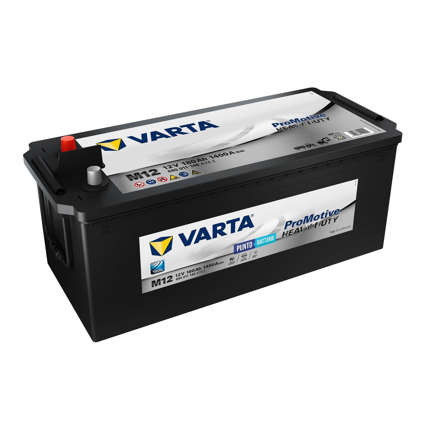 Batteria originale Varta Promotive Heavy Duty M12, dimensioni 513 x 223 x 223, polo positivo a sinistra, 12 volt, 180 amperora, 1400 ampere. Batteria per camion e veicoli pesanti.
