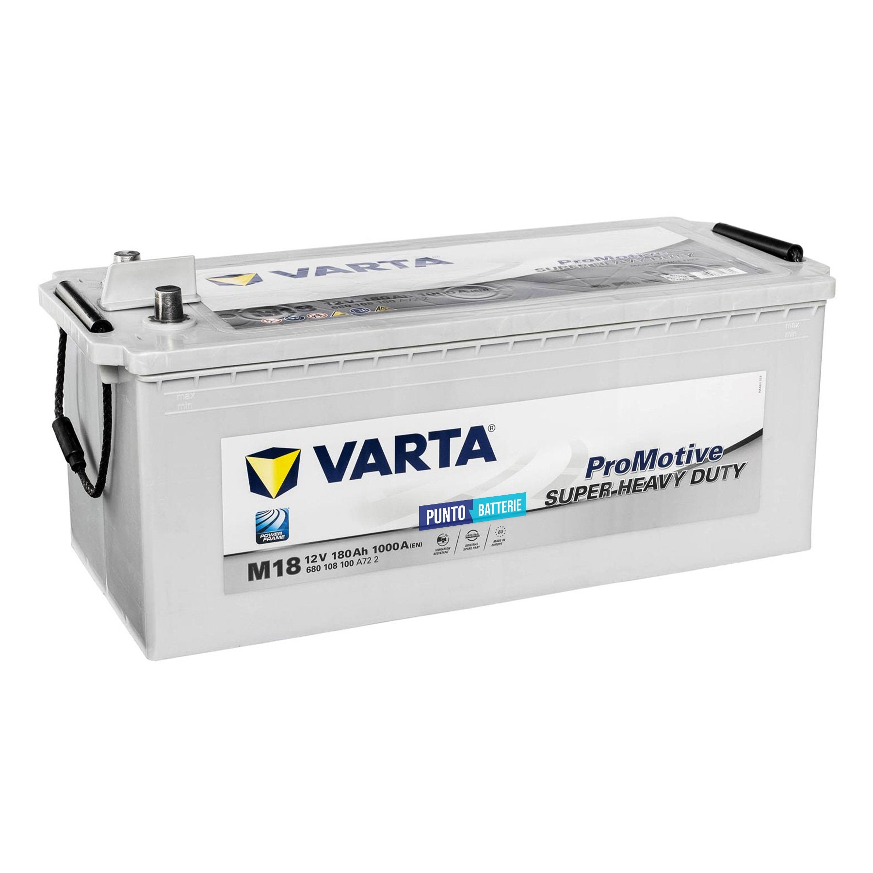 Batteria originale Varta Promotive Super Heavy Duty M18, dimensioni 513 x 223 x 223, polo positivo a sinistra, 12 volt, 180 amperora, 1000 ampere. Batteria per camion e veicoli pesanti.