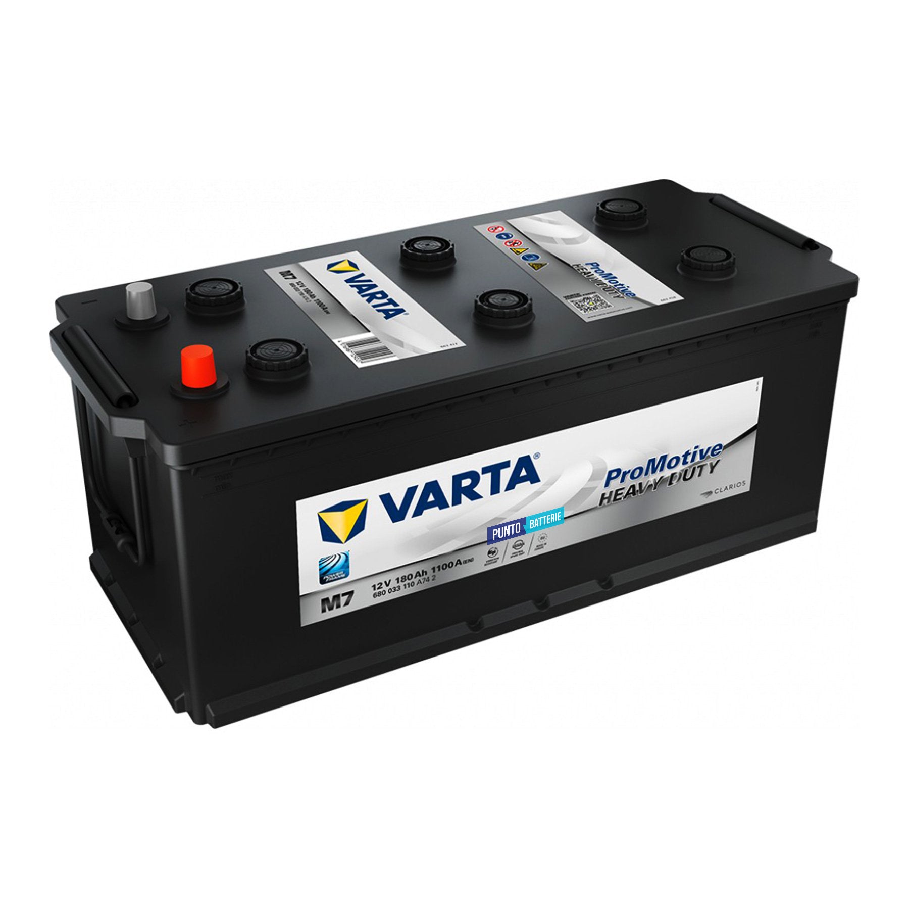 Batteria originale Varta Promotive Heavy Duty M7, dimensioni 513 x 223 x 223, polo positivo a destra, 12 volt, 180 amperora, 1100 ampere. Batteria per camion e veicoli pesanti.