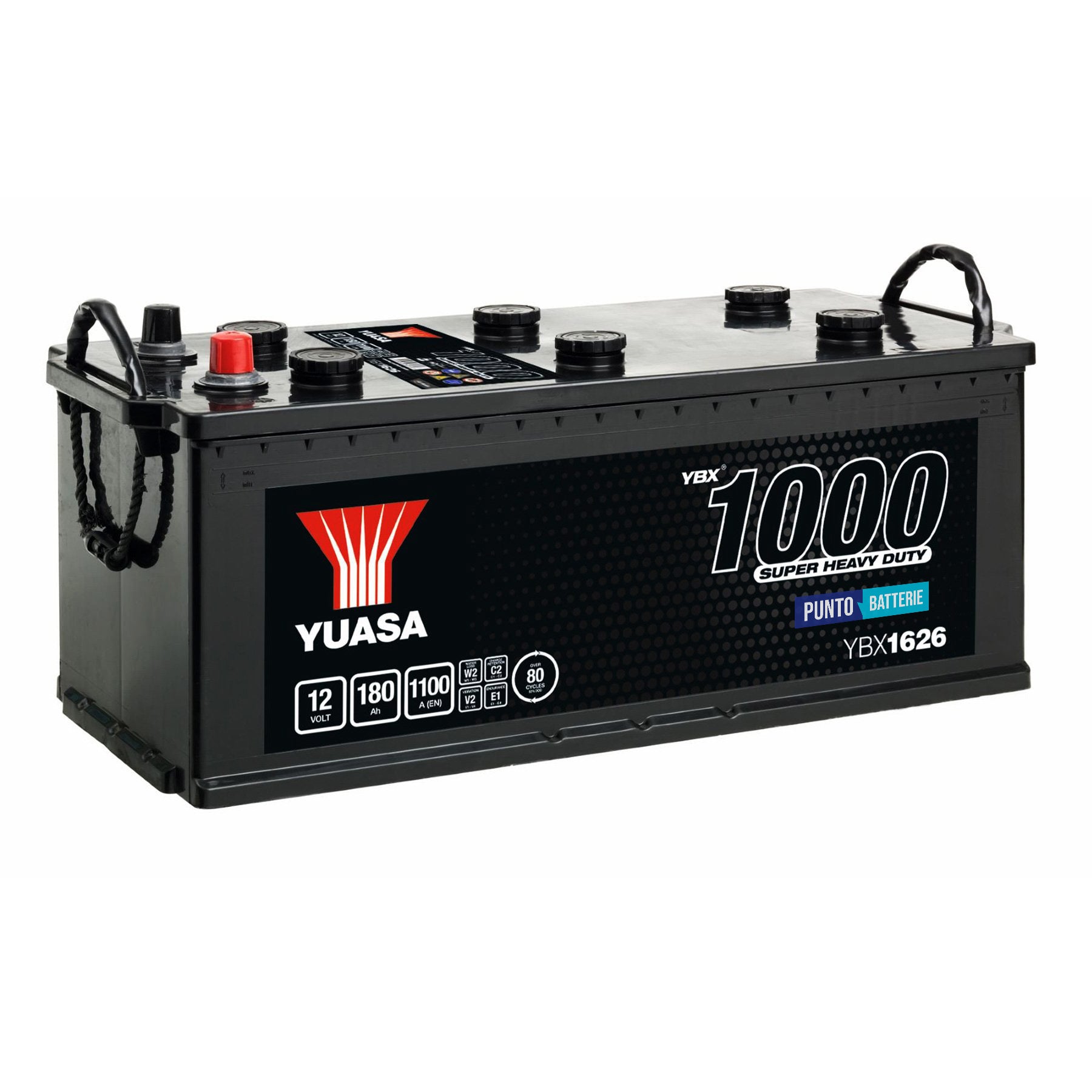Batteria originale Yuasa YBX1000 YBX1626, dimensioni 513 x 223 x 223, polo positivo a destra, 12 volt, 180 amperora, 1100 ampere. Batteria per camion e veicoli pesanti.