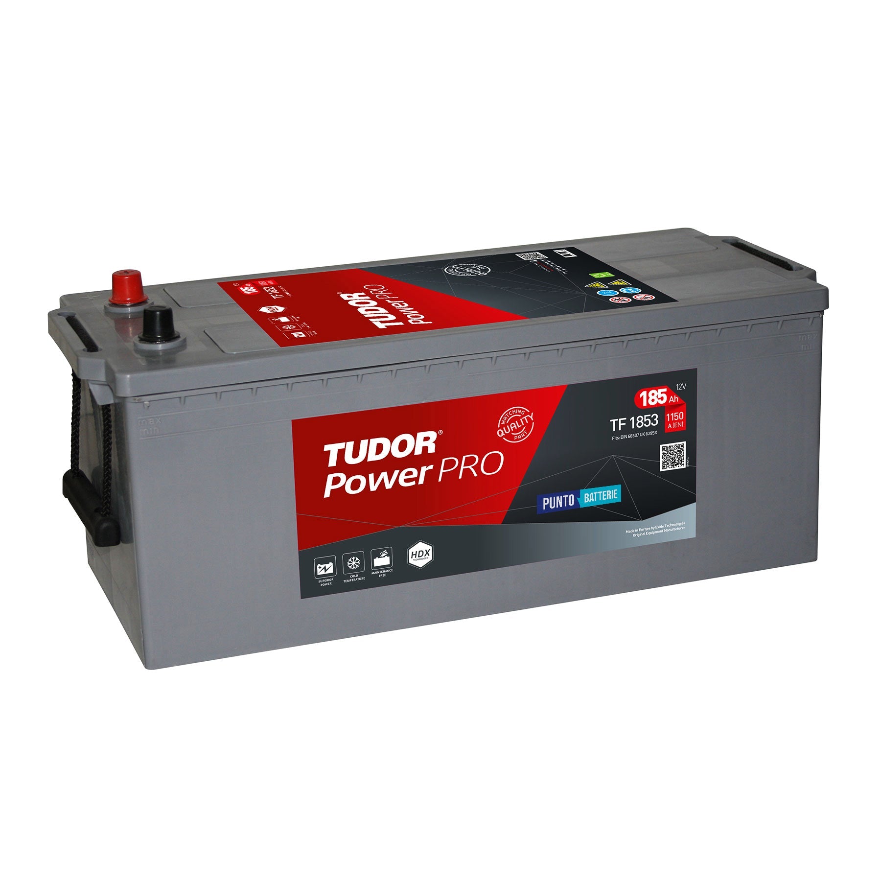 Batteria originale Tudor Power PRO TF1853, dimensioni 513 x 223 x 223, polo positivo a sinistra, 12 volt, 185 amperora, 1150 ampere. Batteria per camion e veicoli pesanti.
