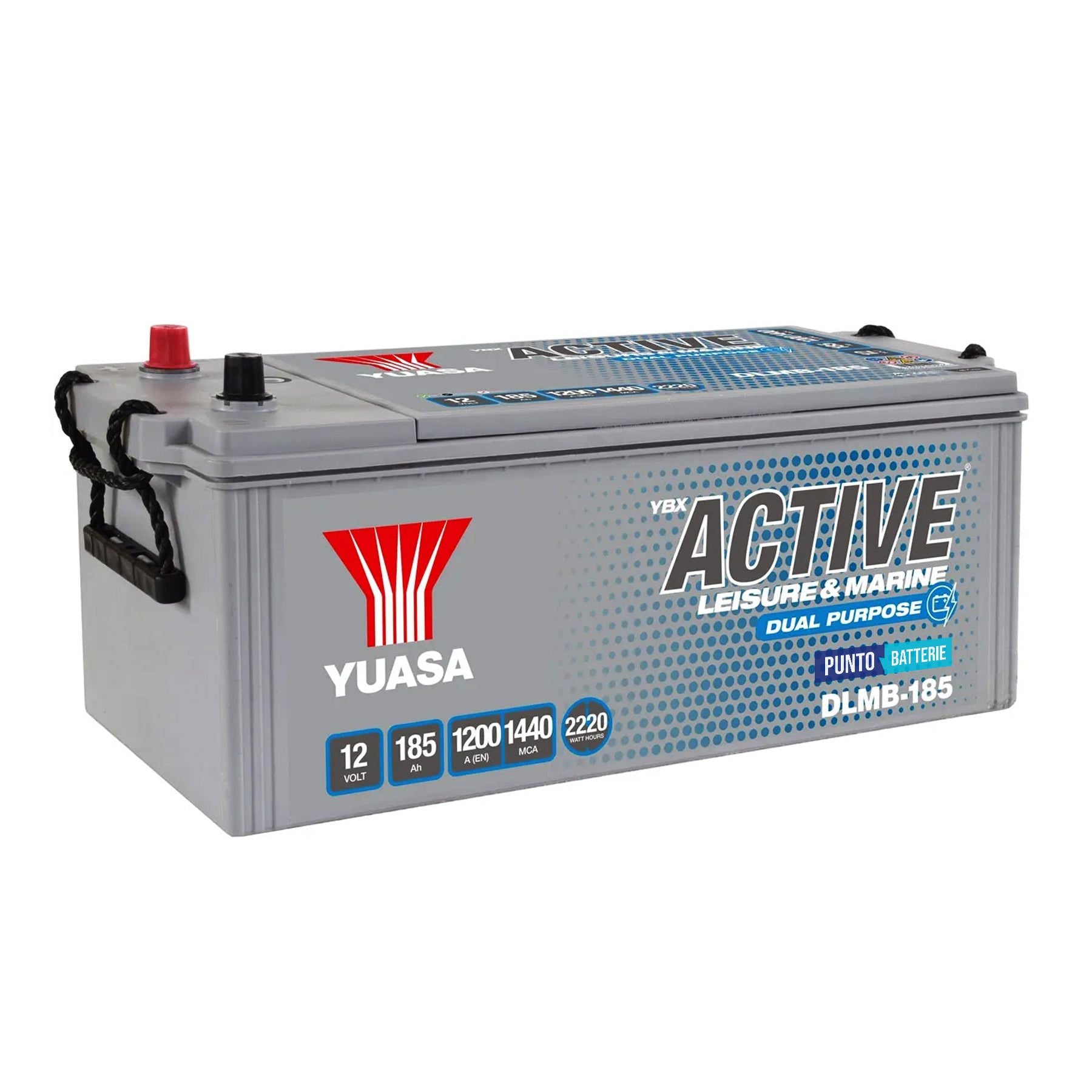 Batteria originale Yuasa YBX ACTIVE Dual Purpose Leisure e Marine DLMB-185, dimensioni 511 x 222 x 215, 12 volt, 185 amperora. Batteria per servizi di camper, barca e applicazioni a scarica lenta.