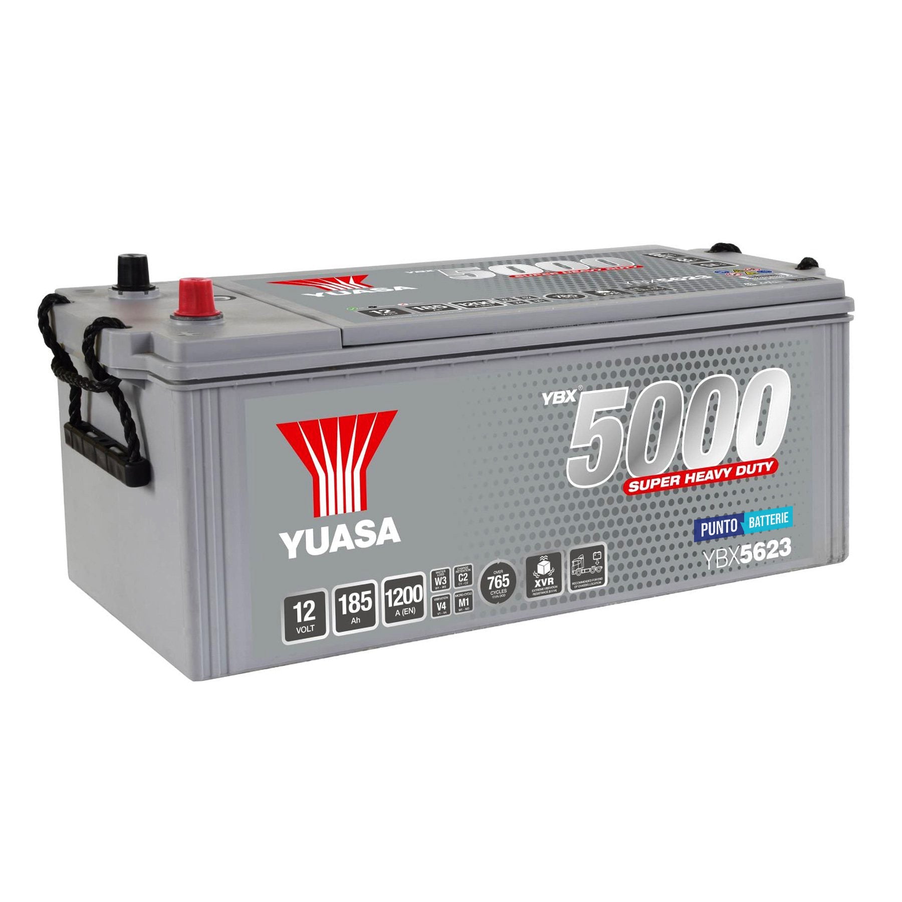Batteria originale Yuasa YBX5000 YBX5623, dimensioni 511 x 222 x 215, polo positivo a destra, 12 volt, 185 amperora, 1200 ampere. Batteria per camion e veicoli pesanti.