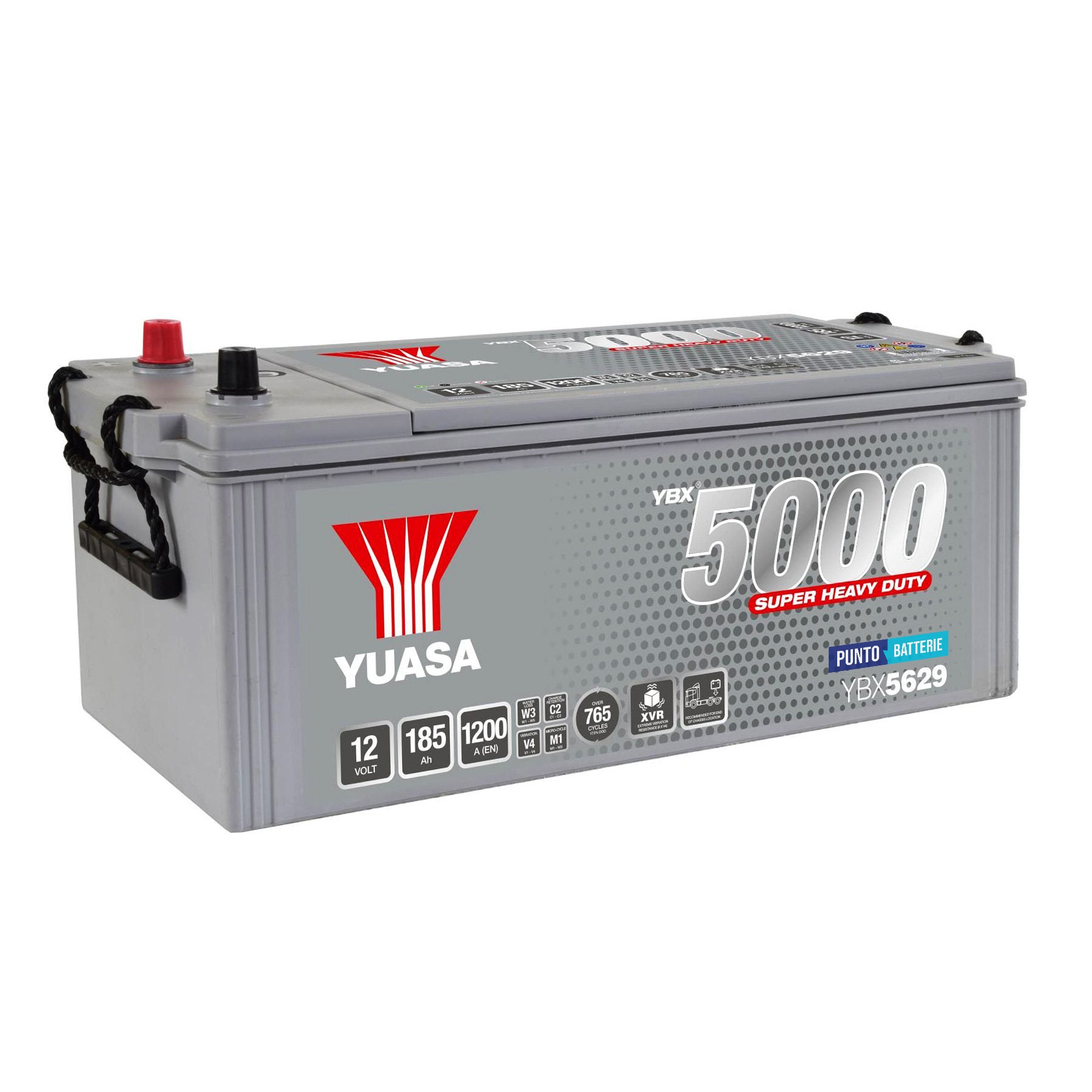 Batteria originale Yuasa YBX5000 YBX5629, dimensioni 511 x 222 x 215, polo positivo a sinistra, 12 volt, 185 amperora, 1200 ampere. Batteria per camion e veicoli pesanti.
