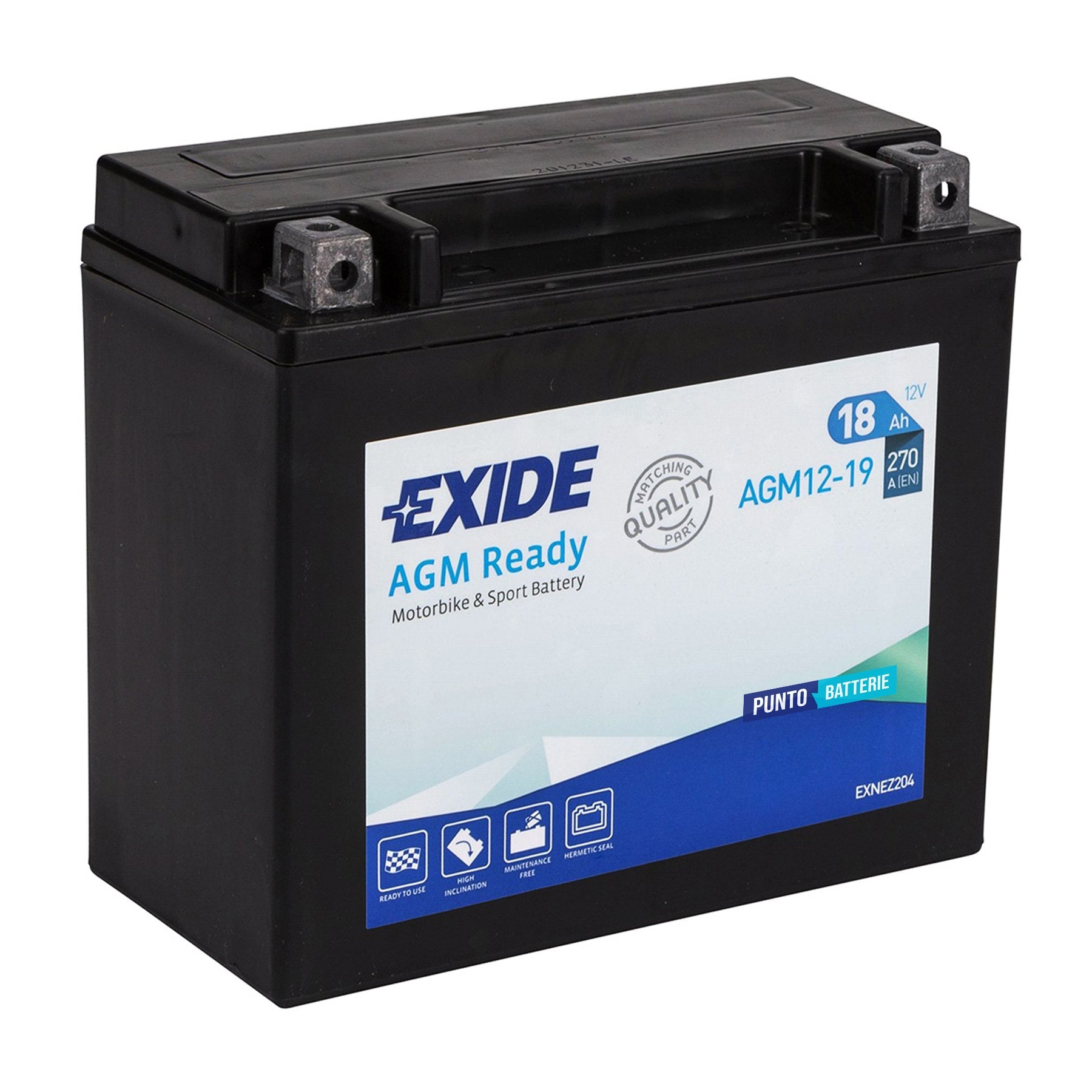 Batteria originale Exide AGM Ready AGM12-19, dimensioni 175 x 90 x 155, polo positivo a destra, 12 volt, 18 amperora, 270 ampere. Batteria per moto, scooter e powersport.