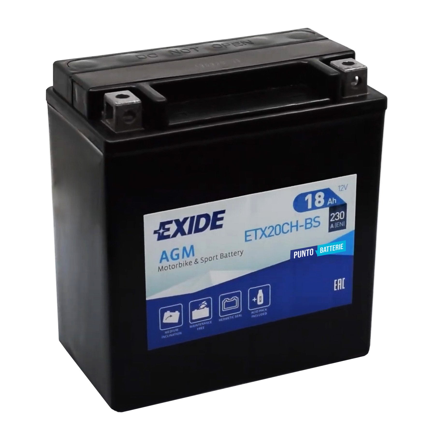 Batteria originale Exide AGM ETX20CH-BS, dimensioni 150 x 90 x 160, polo positivo a sinistra, 12 volt, 18 amperora, 230 ampere. Batteria per moto, scooter e powersport.