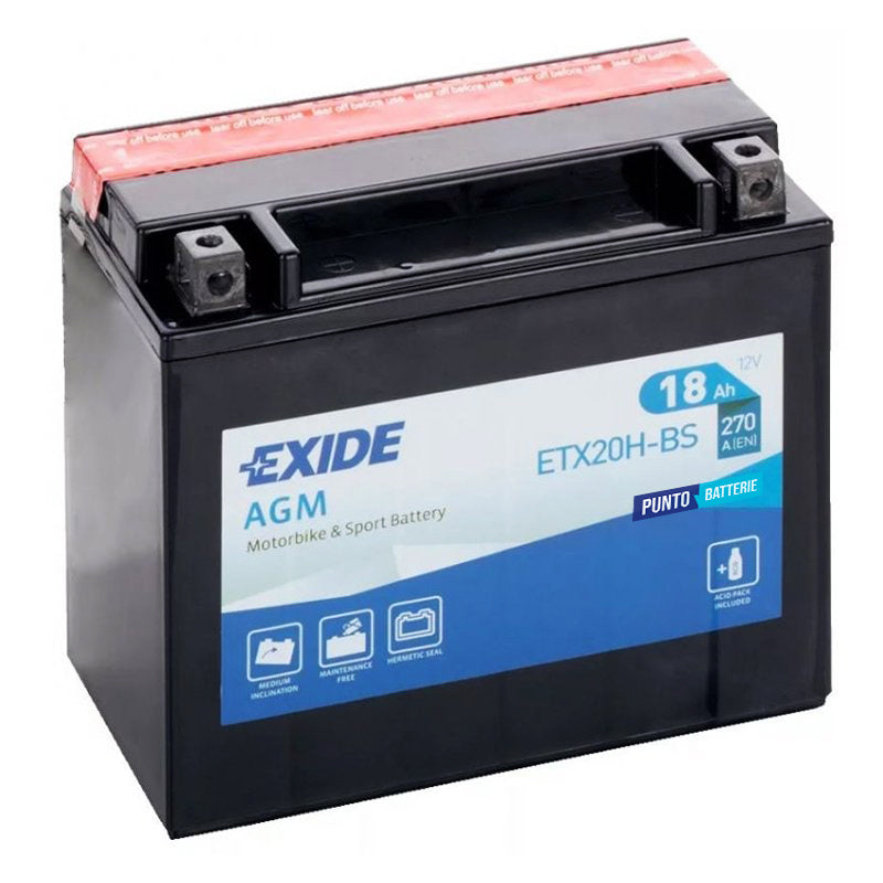 Batteria originale Exide AGM ETX20H-BS, dimensioni 175 x 90 x 155, polo positivo a sinistra, 12 volt, 18 amperora, 270 ampere. Batteria per moto, scooter e powersport.