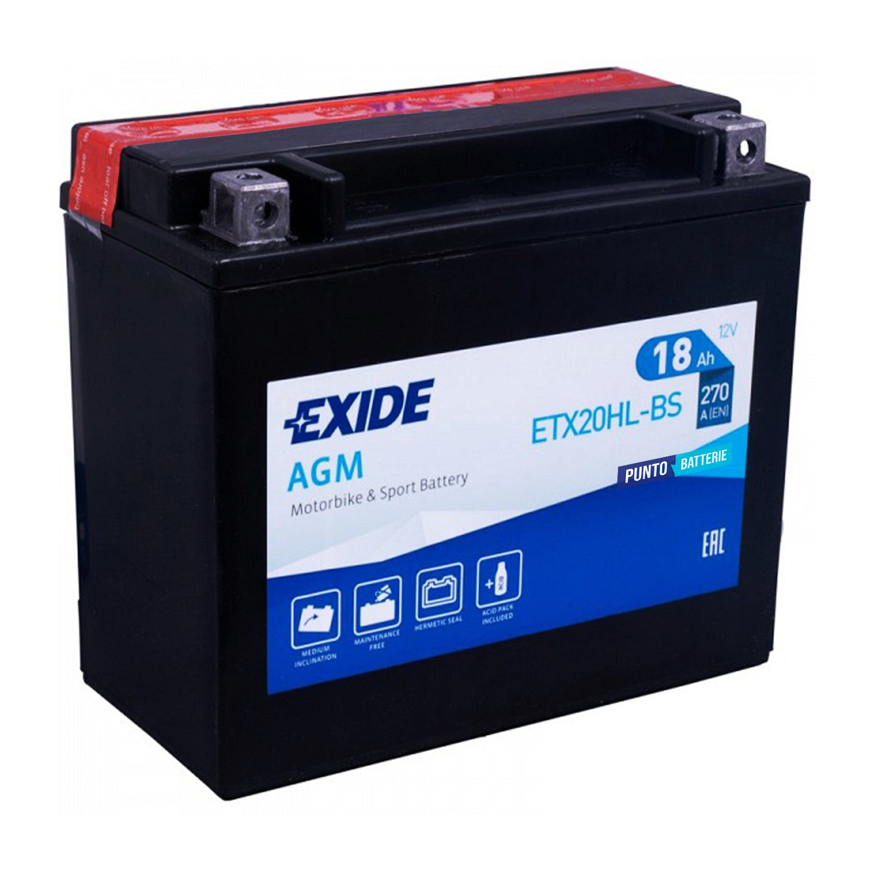 Batteria originale Exide AGM ETX20HL-BS, dimensioni 175 x 90 x 155, polo positivo a destra, 12 volt, 18 amperora, 270 ampere. Batteria per moto, scooter e powersport.