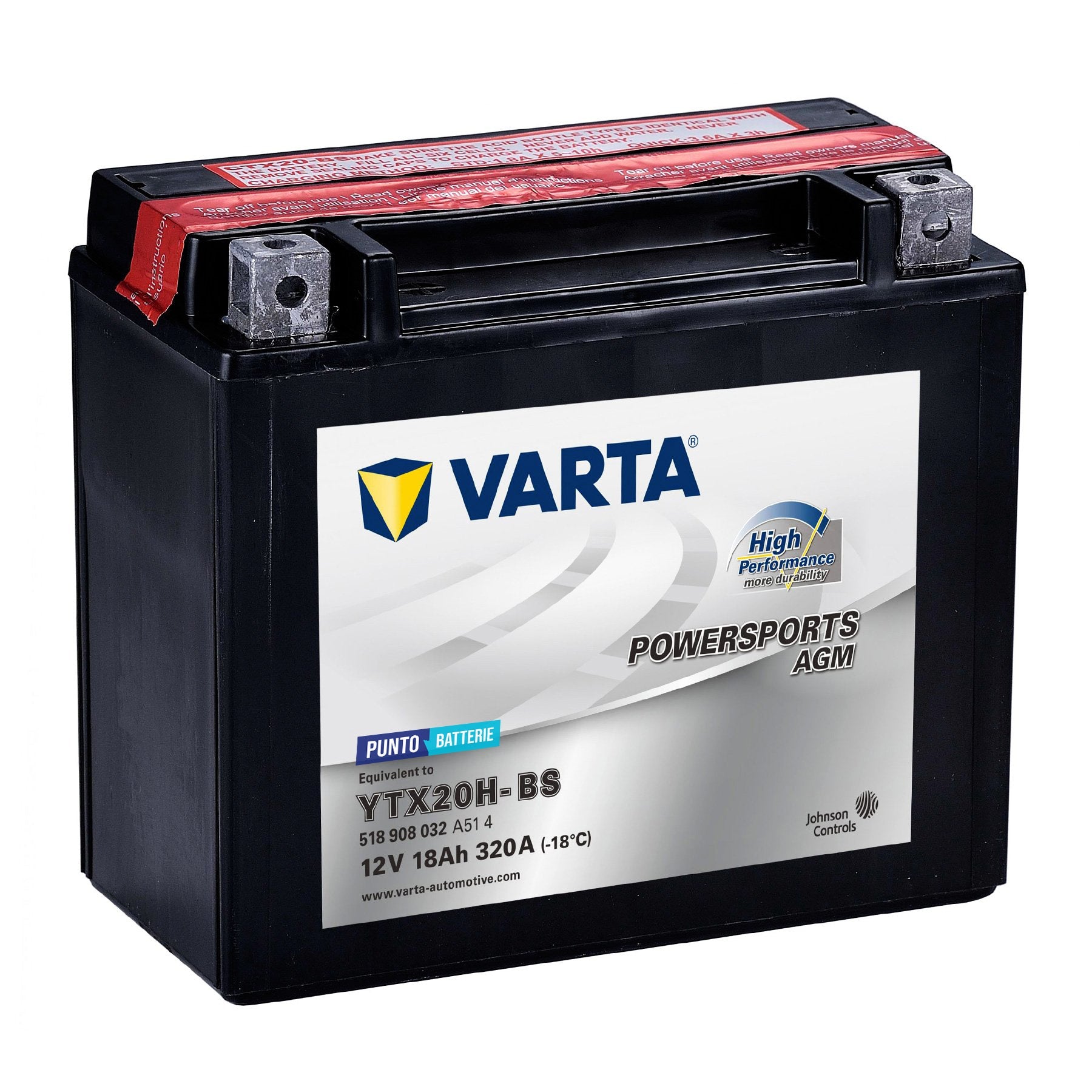 Batteria originale Varta Powersport AGM High Performance YTX20H-BS, dimensioni 150 x 87 x 130, polo positivo a sinistra, 12 volt, 18 amperora, 320 ampere. Batteria per moto, scooter e powersport.