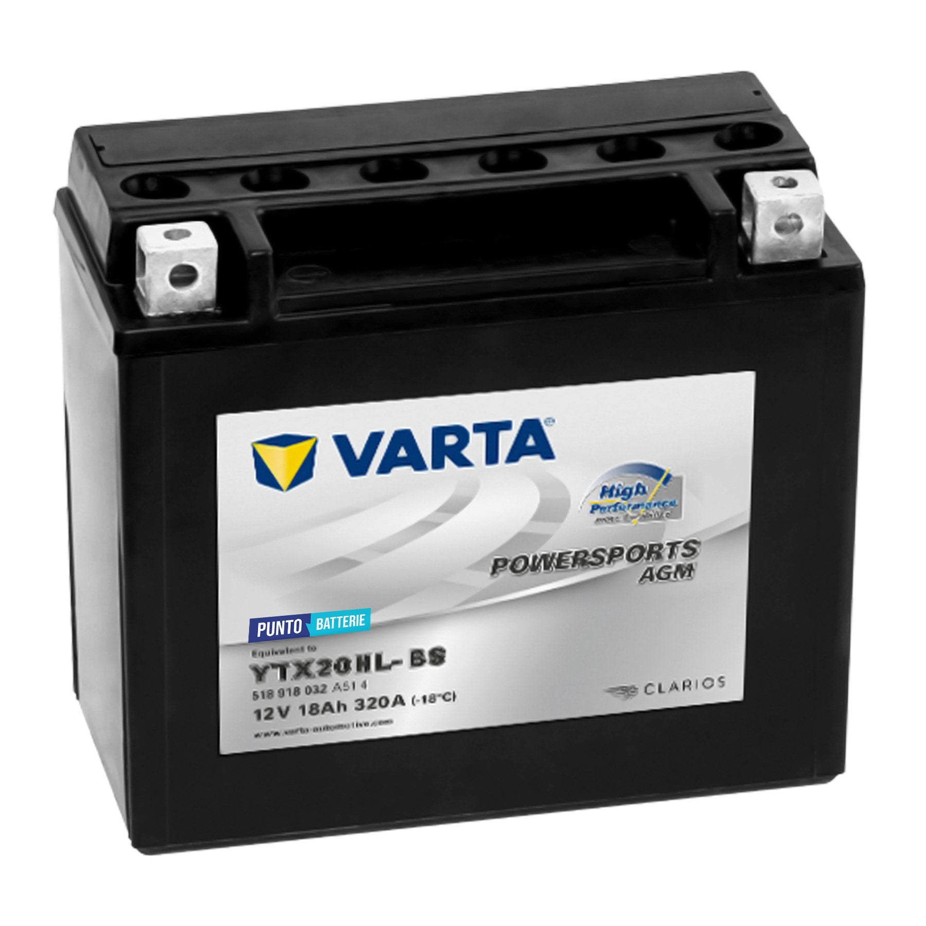 Batteria originale Varta Powersport AGM High Performance YTX20HL-BS, dimensioni 166 x 127 x 175, polo positivo a destra, 12 volt, 18 amperora, 320 ampere. Batteria per moto, scooter e powersport.
