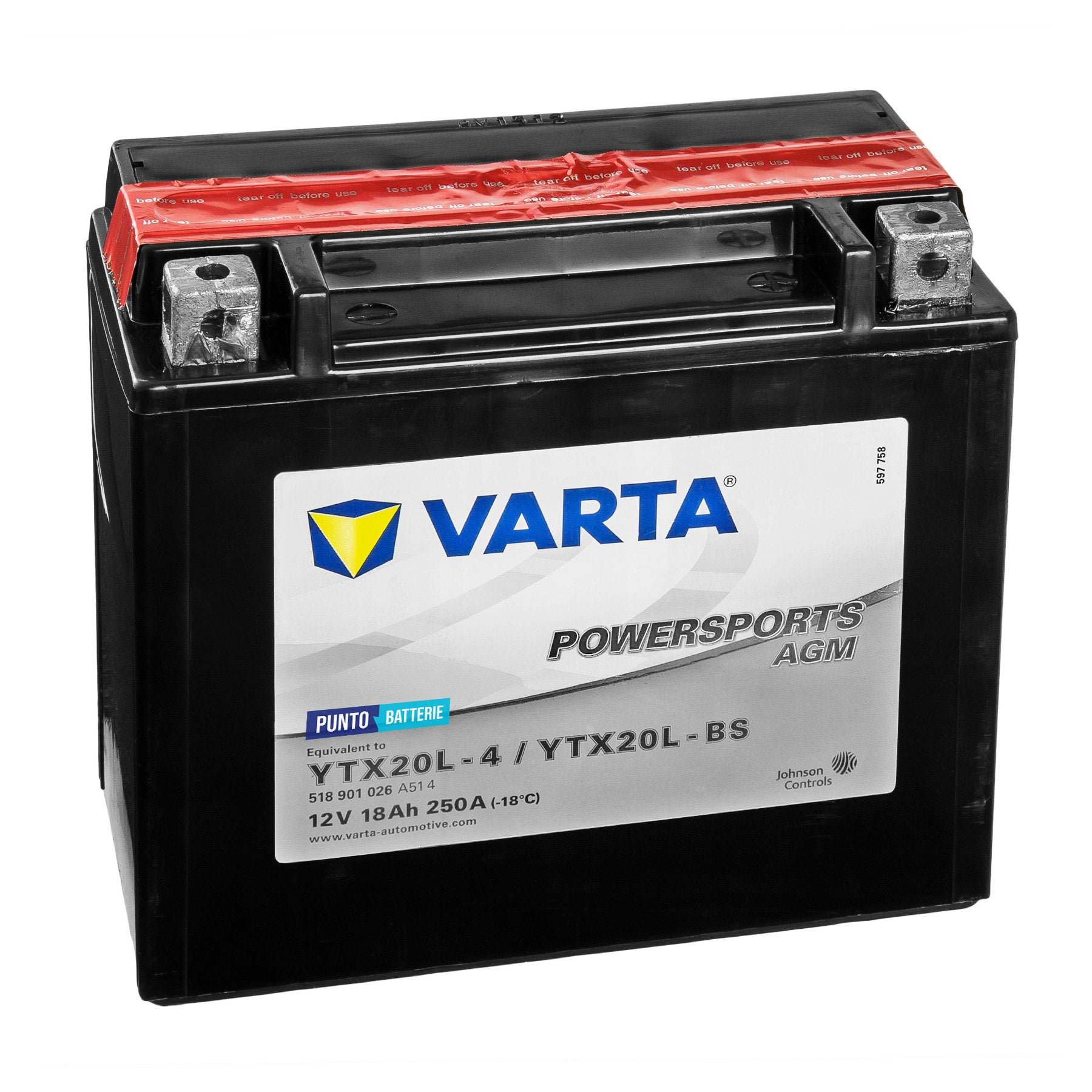 Batteria originale Varta Powersport AGM YTX20L-4, dimensioni 113 x 70 x 105, polo positivo a destra, 12 volt, 18 amperora, 250 ampere. Batteria per moto, scooter e powersport.