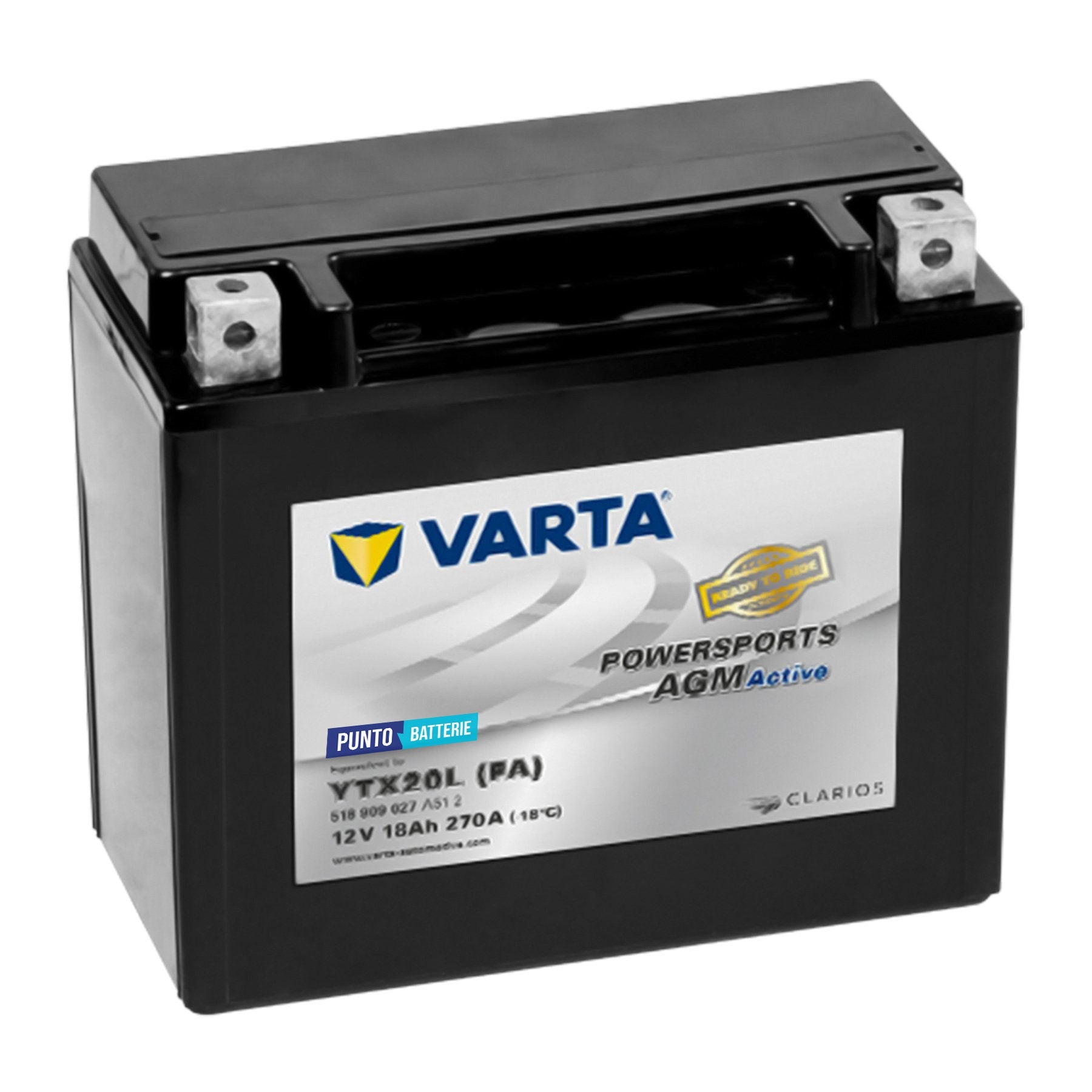 Batteria originale Varta Powersport AGM Active YTX20L-FA, dimensioni 166 x 127 x 175, polo positivo a destra, 12 volt, 18 amperora, 270 ampere. Batteria per moto, scooter e powersport.