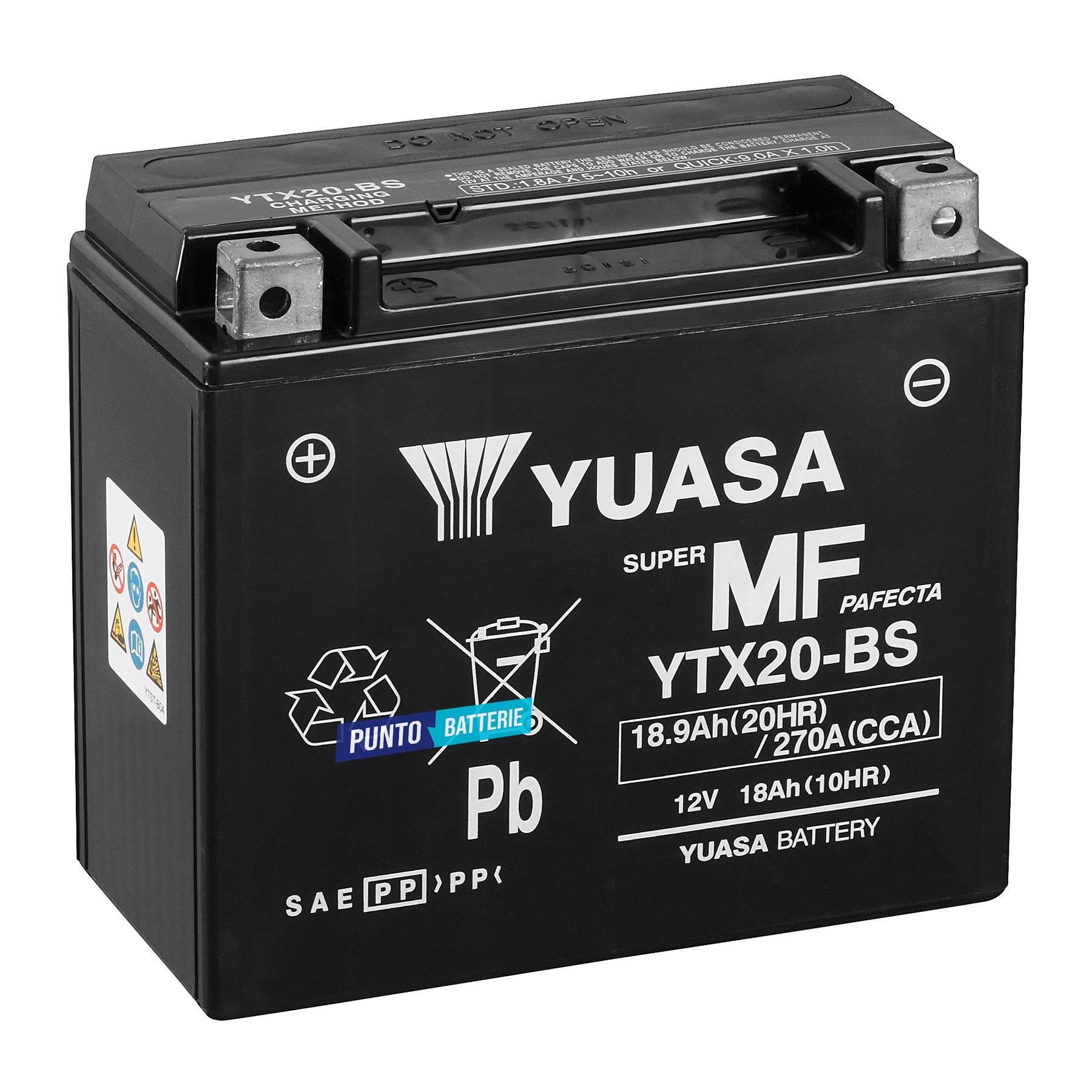 Batteria originale Yuasa YTX YTX20-BS, dimensioni 175 x 87 x 155, polo positivo a sinistra, 12 volt, 18 amperora, 270 ampere. Batteria per moto, scooter e powersport.