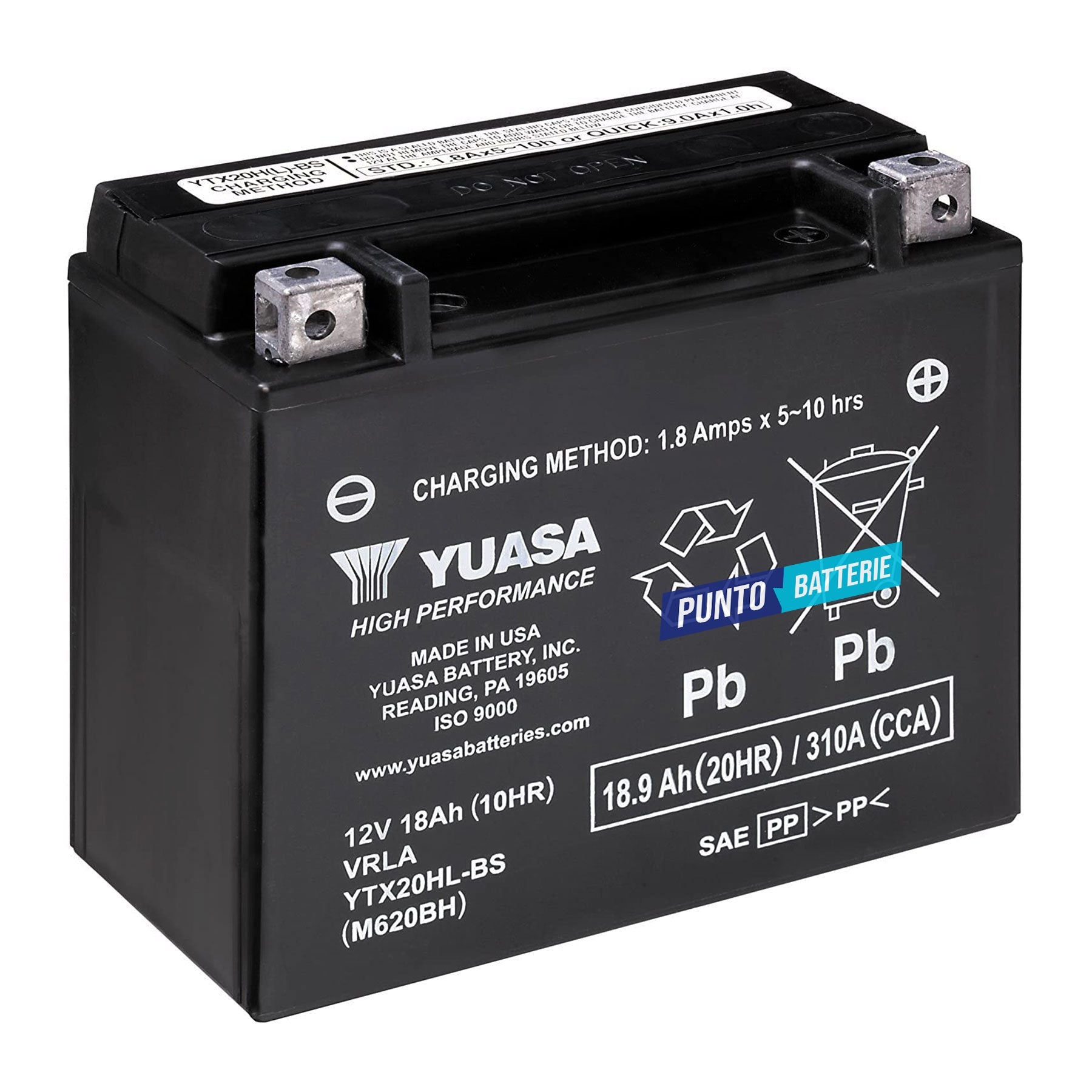 Batteria originale Yuasa YTX High Performance YTX20HL-BS, dimensioni 175 x 87 x 155, polo positivo a destra, 12 volt, 18 amperora, 310 ampere. Batteria per moto, scooter e powersport.