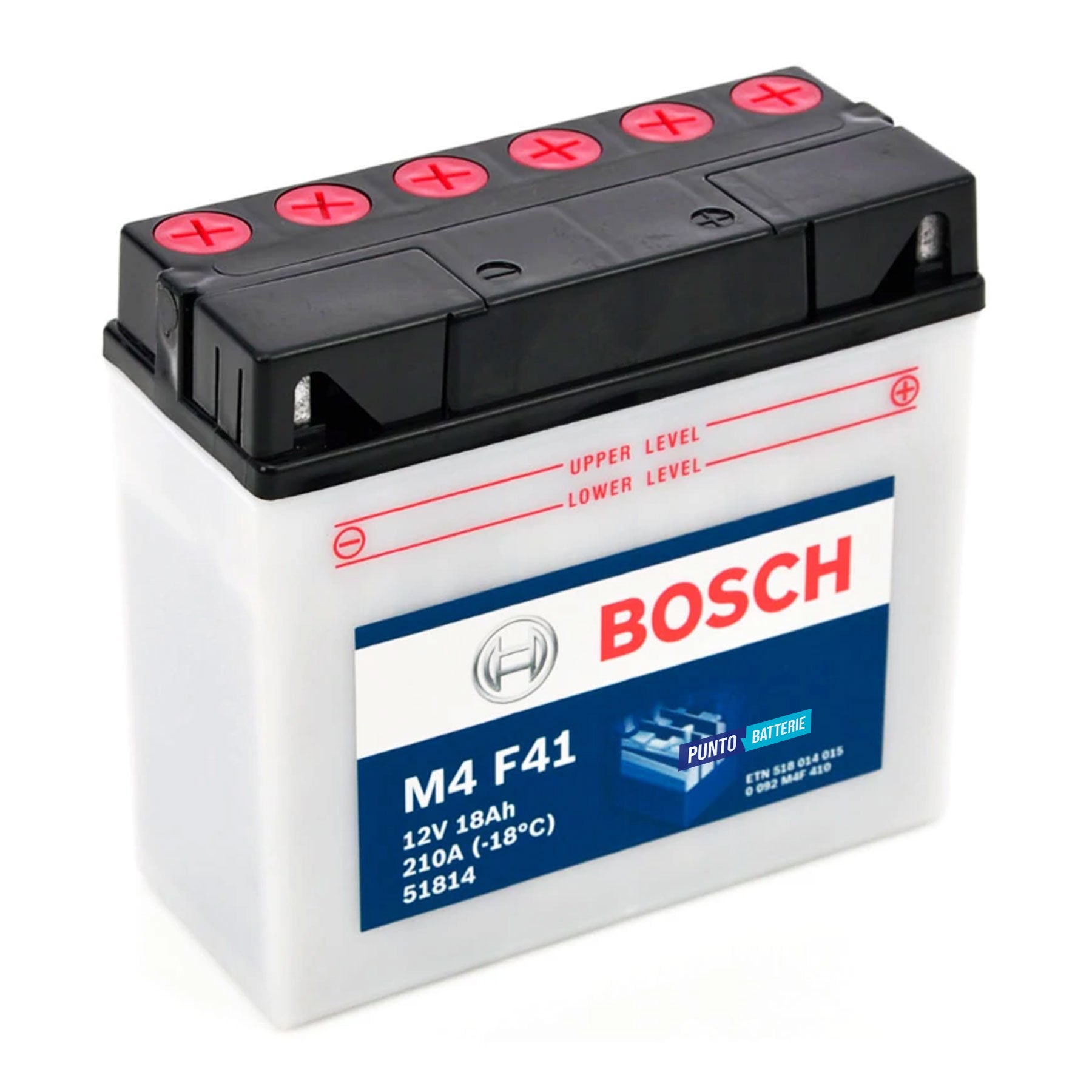 Batteria originale Bosch M4 M4F41, dimensioni 196 x 82 x 171, polo positivo a destra, 12 volt, 18 amperora, 210 ampere. Batteria per moto, scooter e powersport.