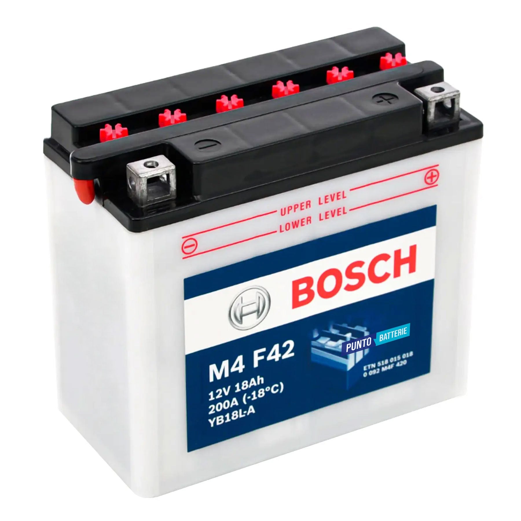 Batteria originale Bosch M4 M4F42, dimensioni 180 x 90 x 162, polo positivo a destra, 12 volt, 18 amperora, 200 ampere. Batteria per moto, scooter e powersport.