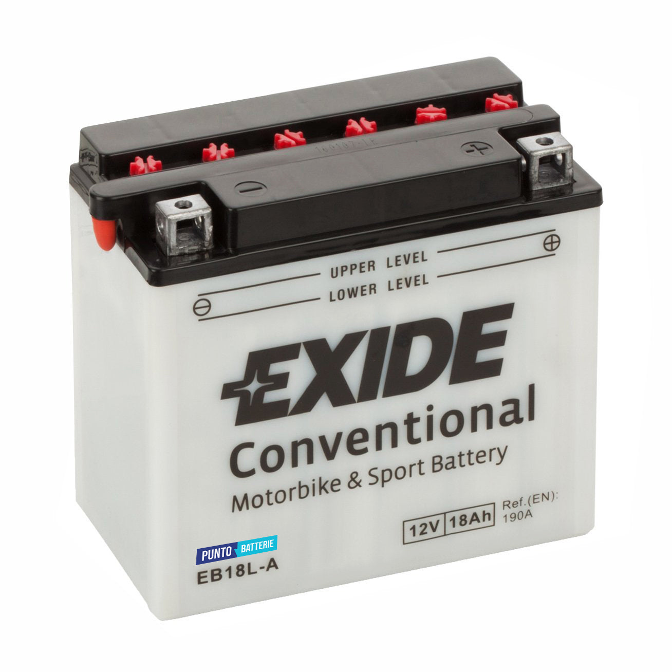 Batteria originale Exide Conventional EB18L-A, dimensioni 180 x 90 x 160, polo positivo a destra, 12 volt, 18 amperora, 190 ampere. Batteria per moto, scooter e powersport.