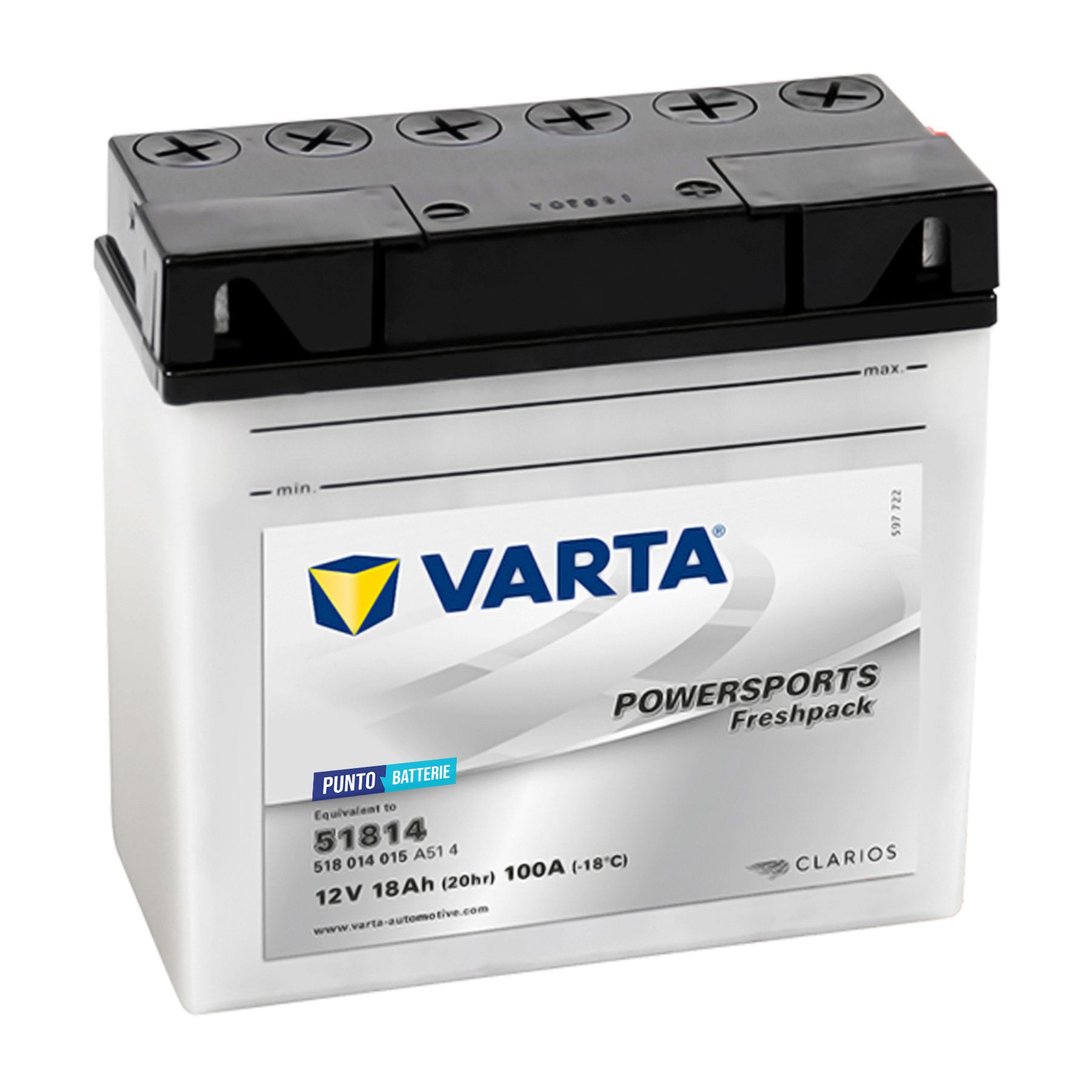 Batteria originale Varta Powersport Freshpack 51814, dimensioni 186 x 82 x 171, polo positivo a destra, 12 volt, 18 amperora, 100 ampere. Batteria per moto, scooter e powersport.