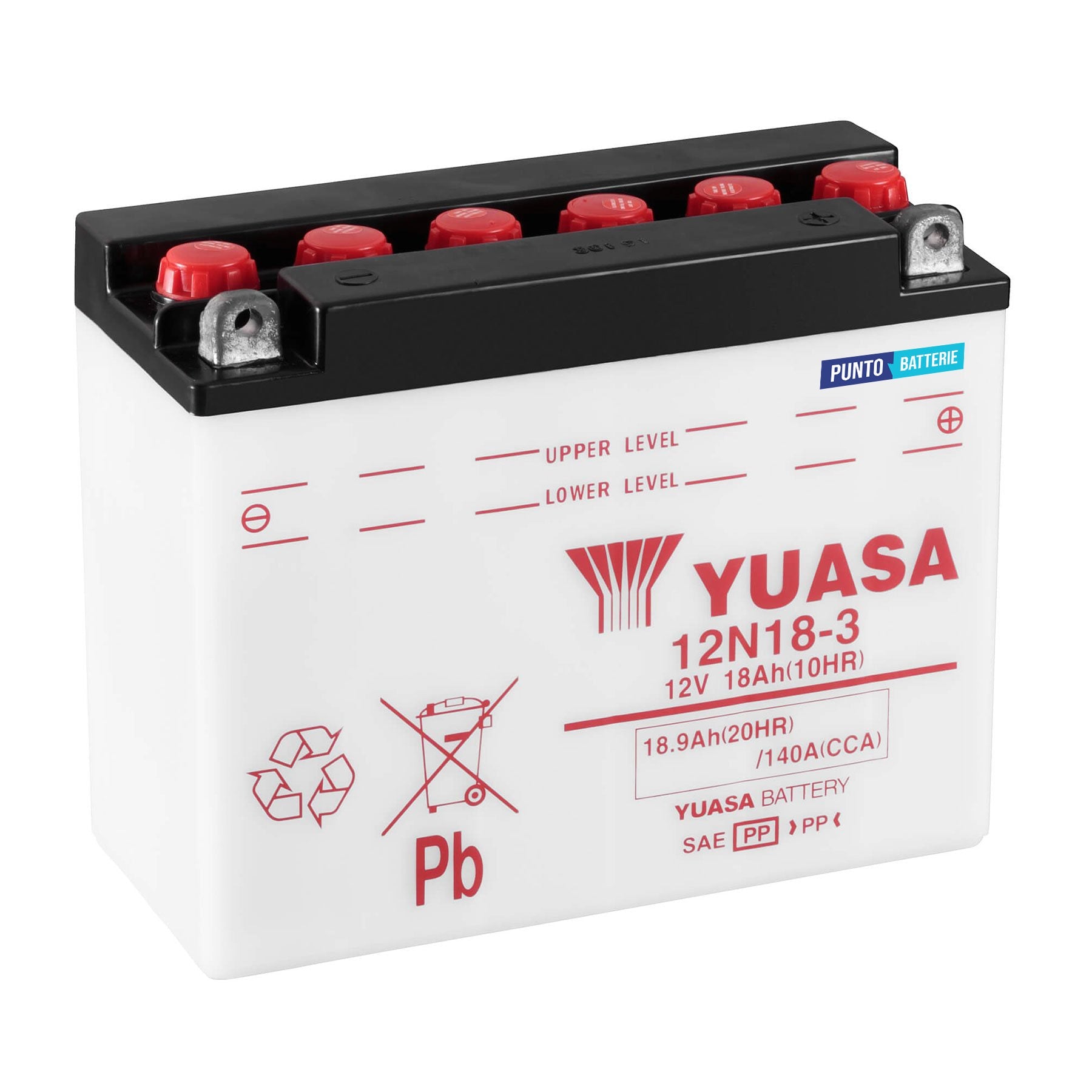 Batteria originale Yuasa Conventional 12N18-3, dimensioni 205 x 90 x 162, polo positivo a destra, 12 volt, 18 amperora, 140 ampere. Batteria per moto, scooter e powersport.