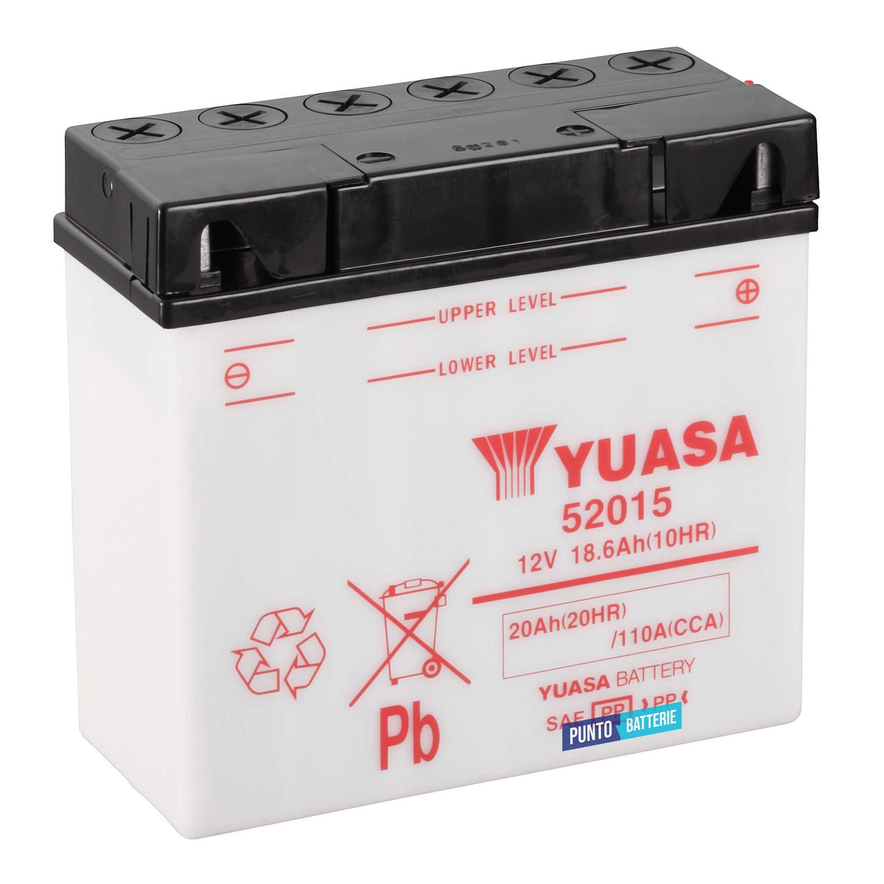 Batteria originale Yuasa YuMicron 52015, dimensioni 186 x 82 x 171, polo positivo a destra, 12 volt, 18 amperora, 110 ampere. Batteria per moto, scooter e powersport.