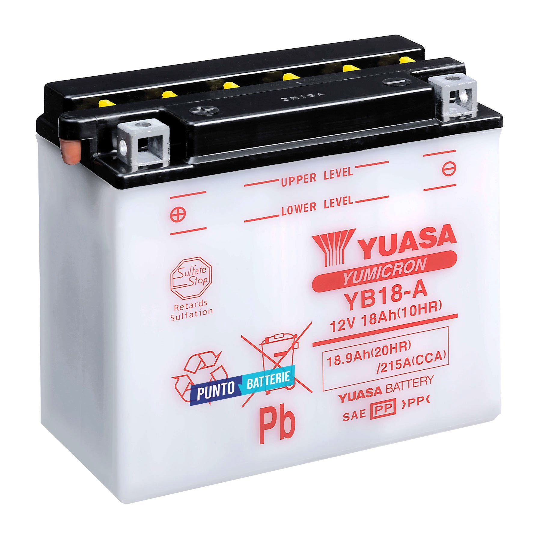 Batteria originale Yuasa YuMicron YB18-A, dimensioni 180 x 90 x 162, polo positivo a sinistra, 12 volt, 18 amperora, 215 ampere. Batteria per moto, scooter e powersport.
