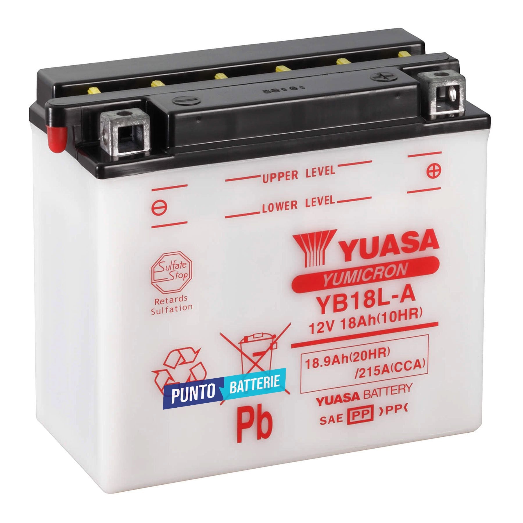 Batteria originale Yuasa YuMicron YB18L-A, dimensioni 180 x 90 x 162, polo positivo a destra, 12 volt, 18 amperora, 215 ampere. Batteria per moto, scooter e powersport.