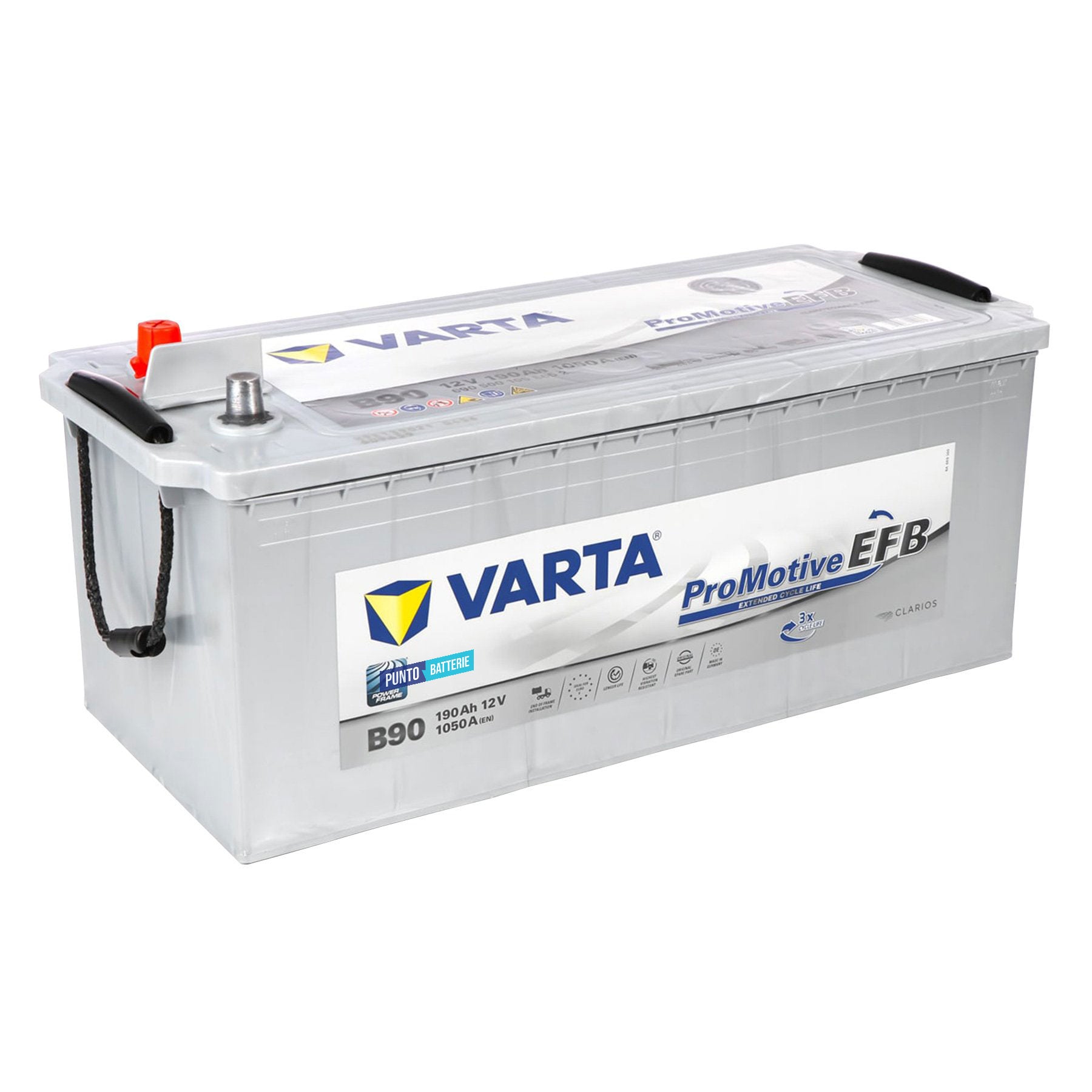 Batteria originale Varta Promotive EFB B90, dimensioni 513 x 223 x 223, polo positivo a sinistra, 12 volt, 190 amperora, 1050 ampere, EFB. Batteria per camion e veicoli pesanti.