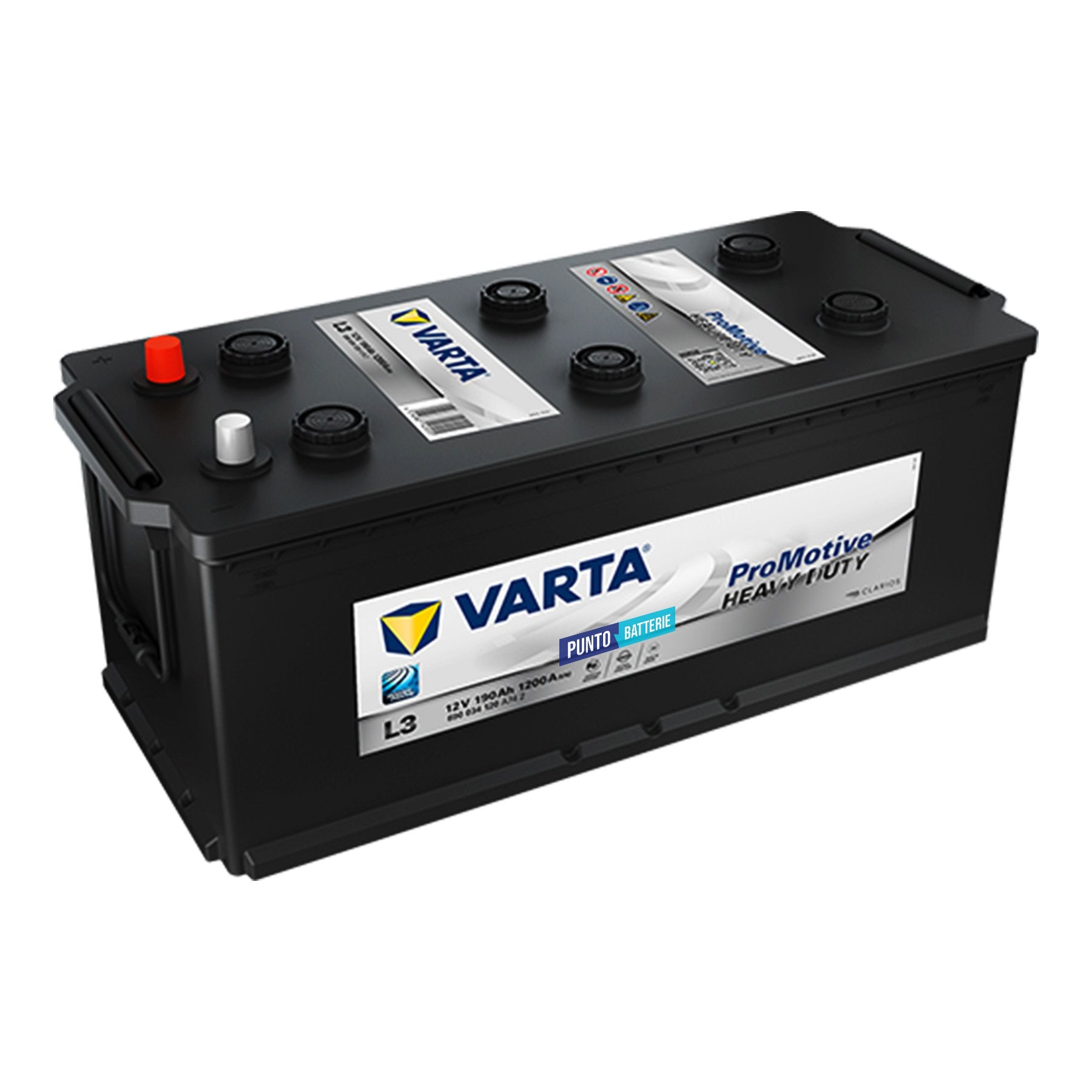 Batteria originale Varta Promotive Heavy Duty L3, dimensioni 513 x 223 x 223, polo positivo a sinistra, 12 volt, 190 amperora, 1200 ampere. Batteria per camion e veicoli pesanti.