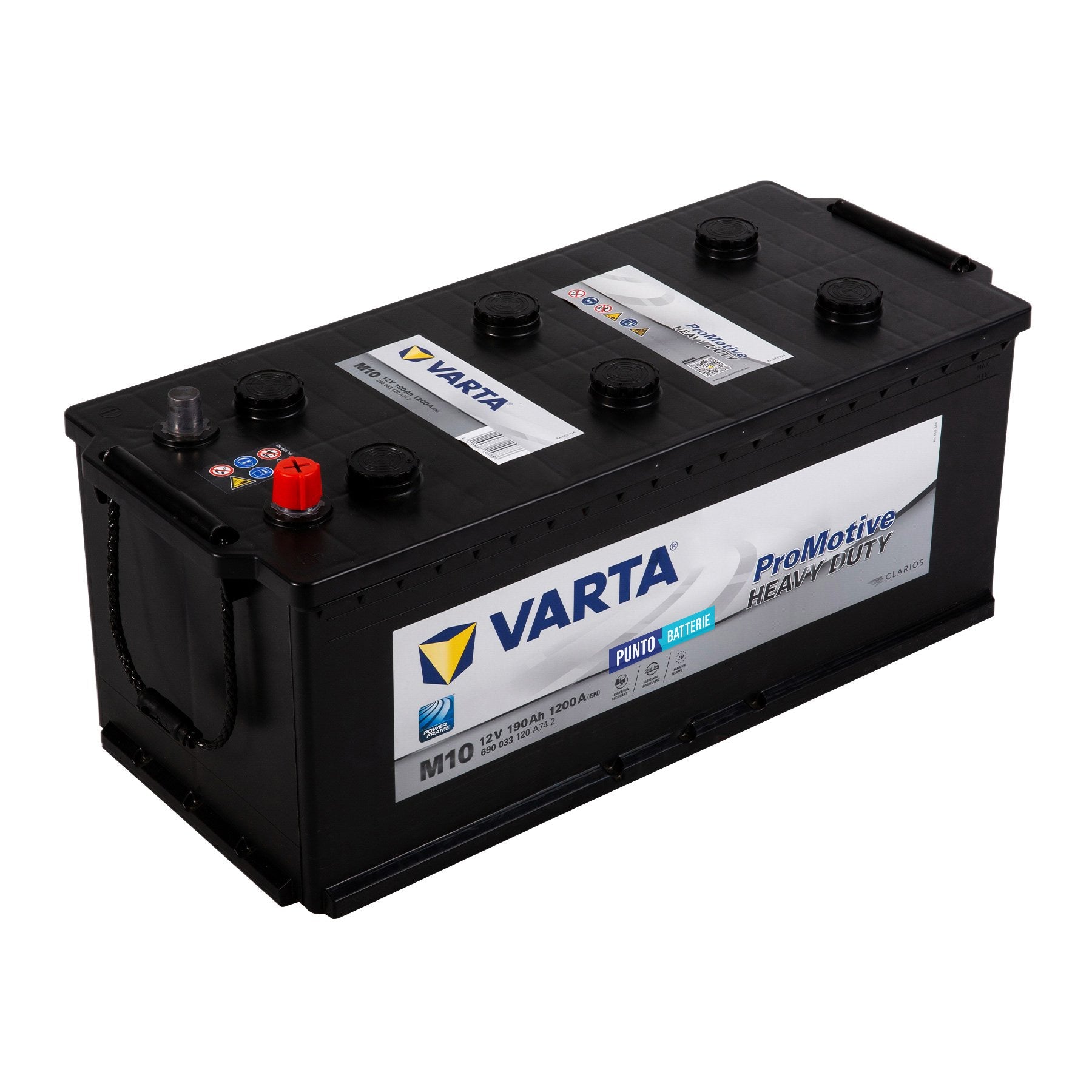 Batteria originale Varta Promotive Heavy Duty M10, dimensioni 513 x 223 x 223, polo positivo a destra, 12 volt, 190 amperora, 1200 ampere. Batteria per camion e veicoli pesanti.